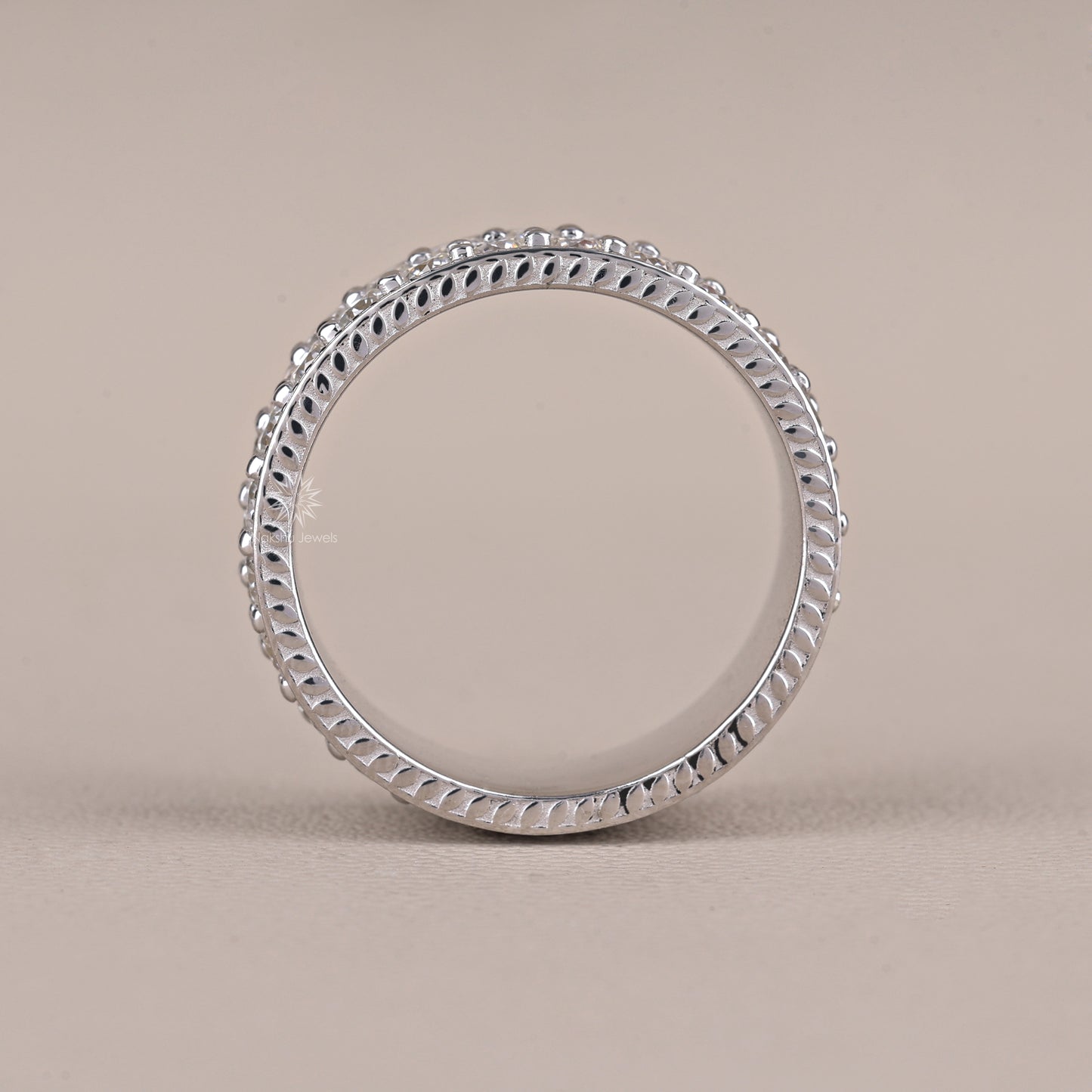 Wide Moissanite Eternity Band with Milgrain Beading and Rope Edge