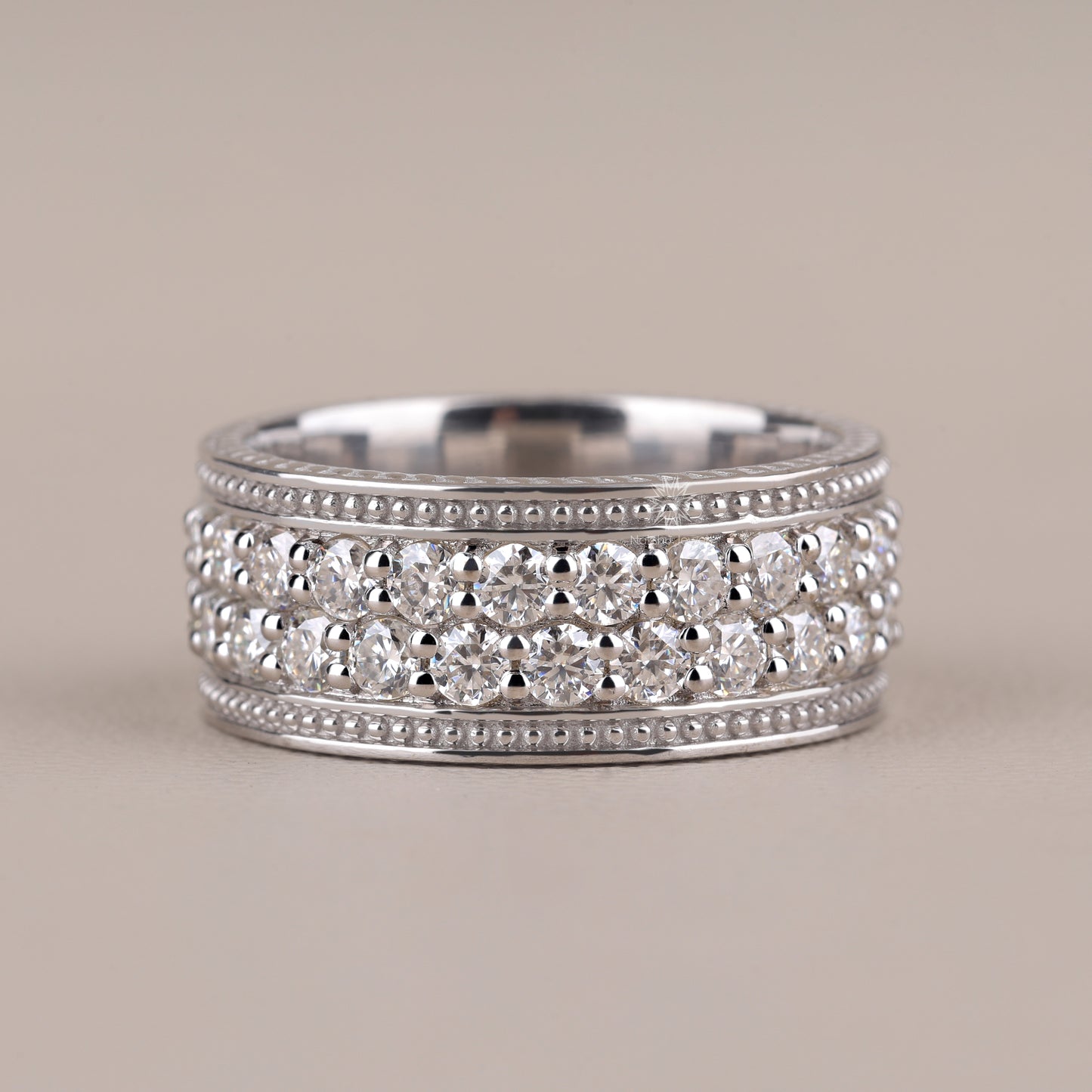 Wide Moissanite Eternity Band with Milgrain Beading and Rope Edge