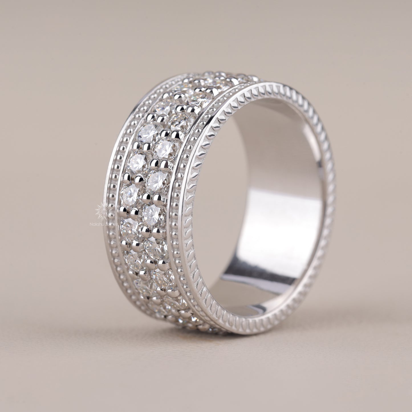 Wide Moissanite Eternity Band with Milgrain Beading and Rope Edge