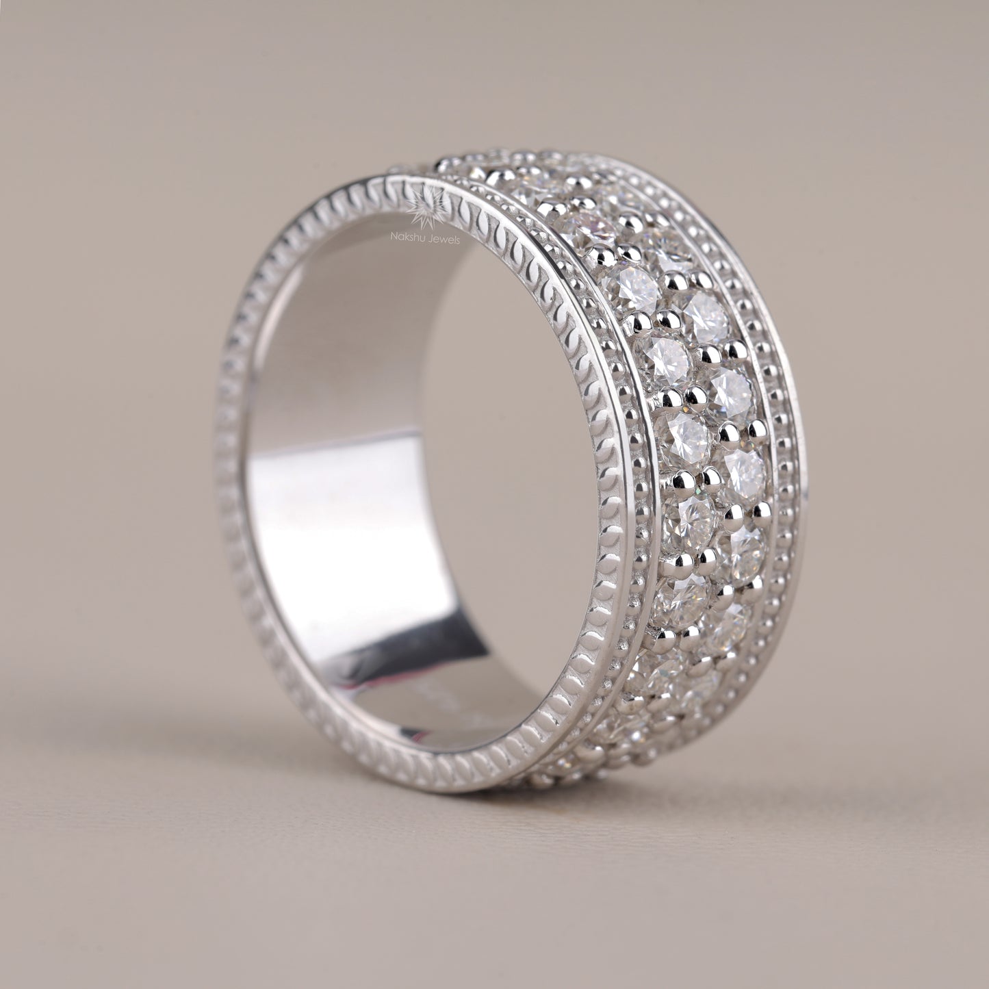 Wide Moissanite Eternity Band with Milgrain Beading and Rope Edge