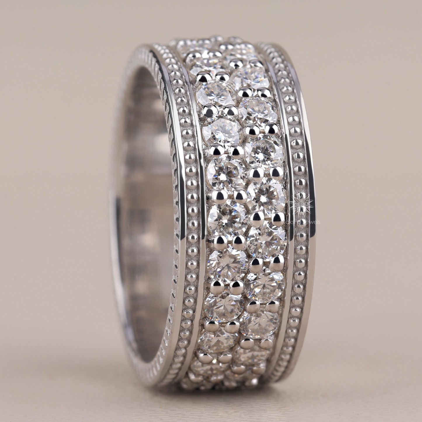 Wide Moissanite Eternity Band with Milgrain Beading and Rope Edge