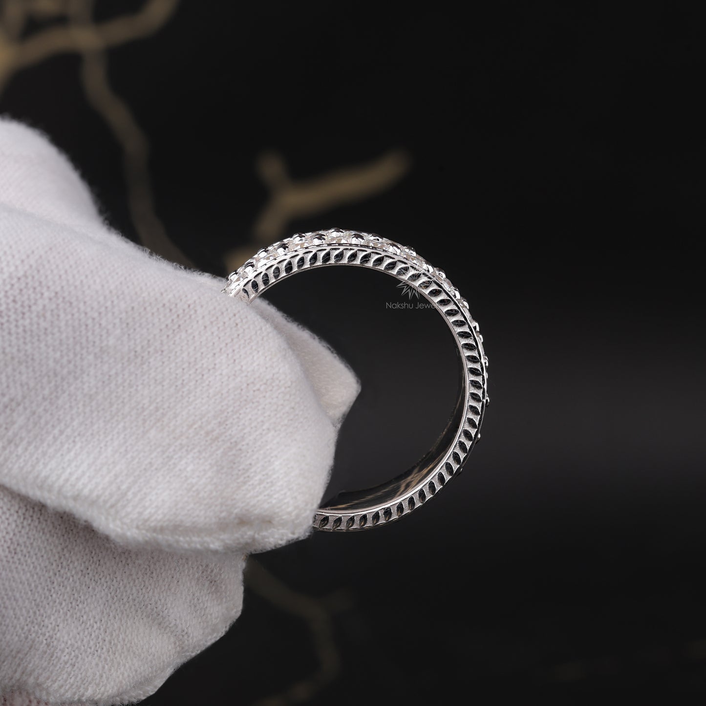 Wide Moissanite Eternity Band with Milgrain Beading and Rope Edge