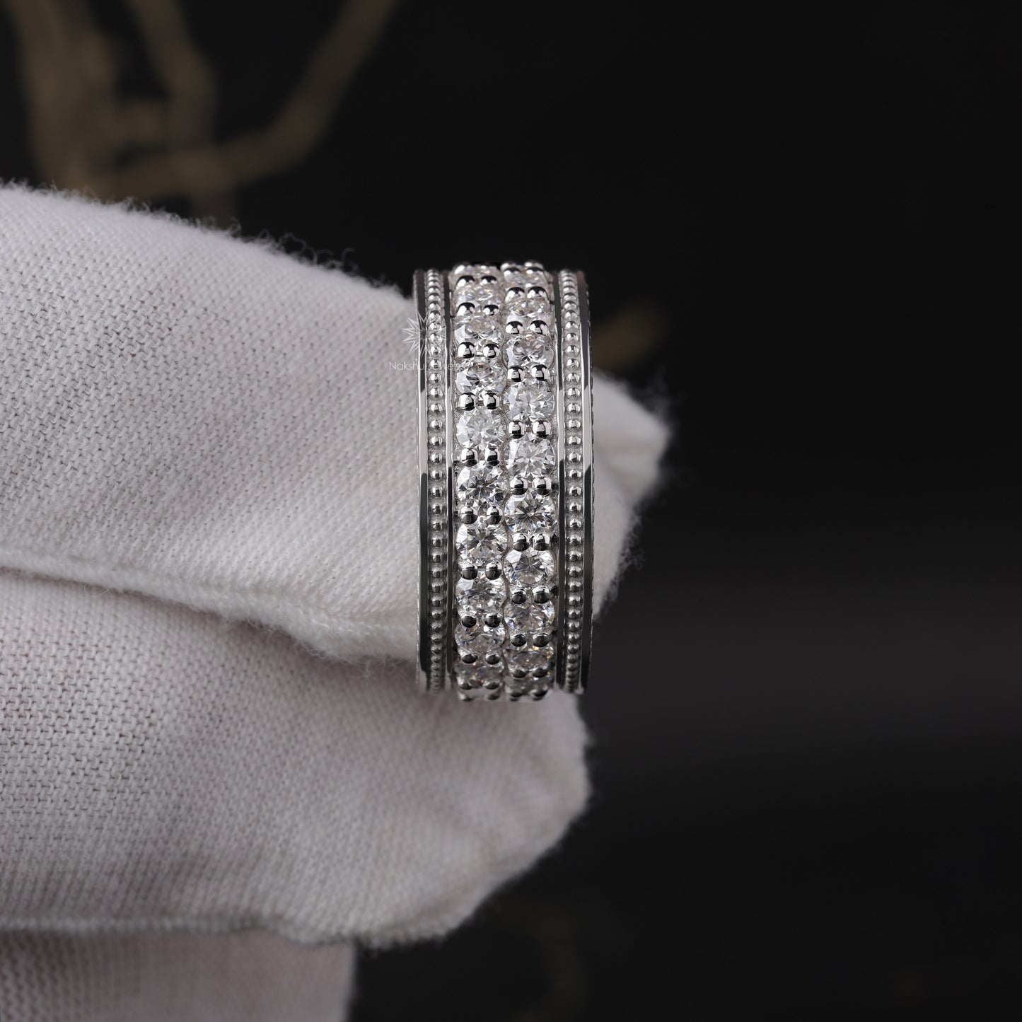 Wide Moissanite Eternity Band with Milgrain Beading and Rope Edge