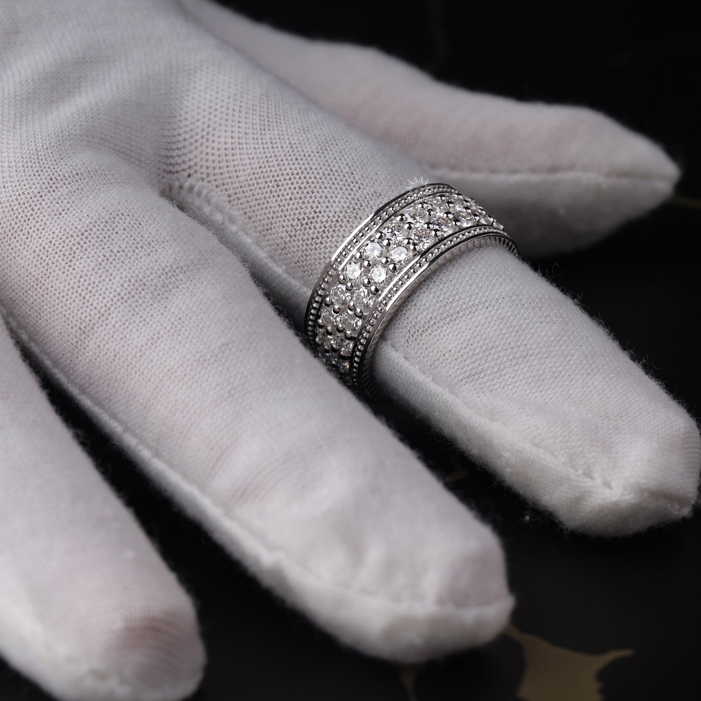 Wide Moissanite Eternity Band with Milgrain Beading and Rope Edge