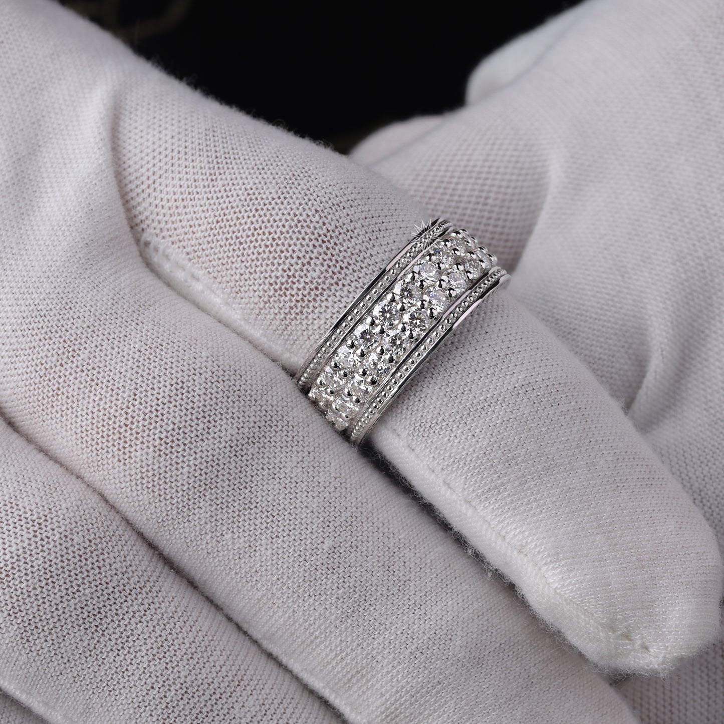 Wide Moissanite Eternity Band with Milgrain Beading and Rope Edge