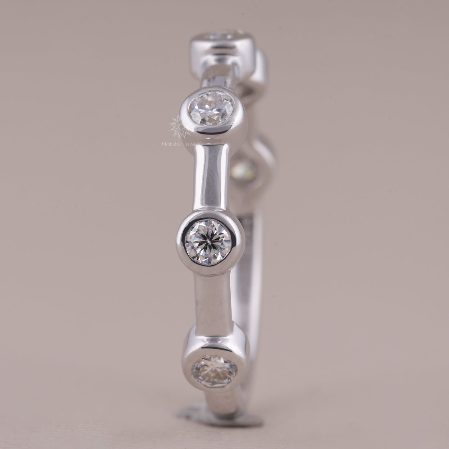 Bezel-Set Moissanite Station Ring with Bar Link Band