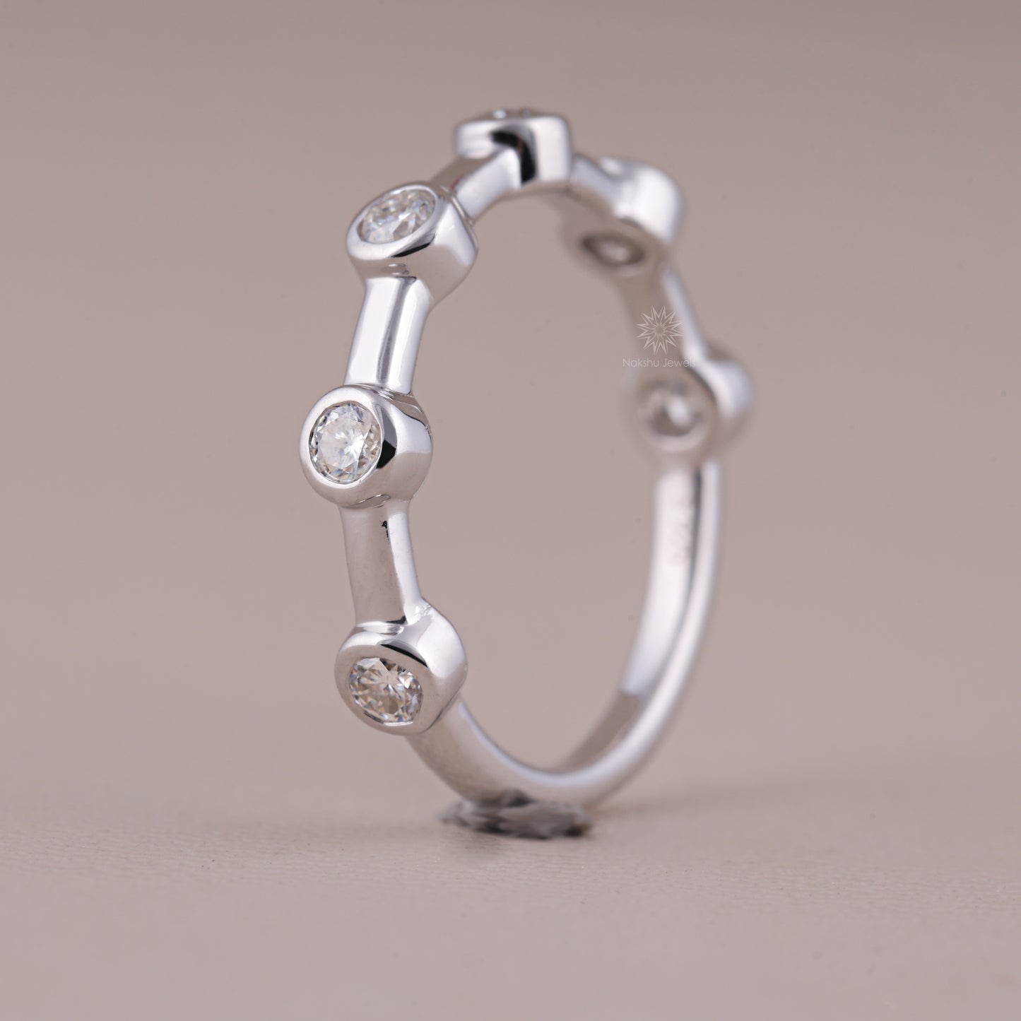 Bezel-Set Moissanite Station Ring with Bar Link Band