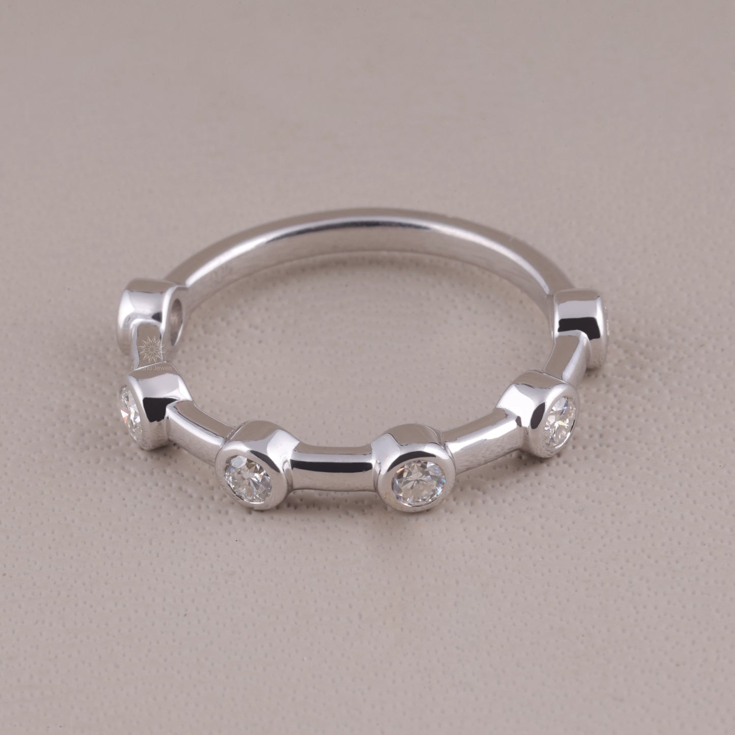 Bezel-Set Moissanite Station Ring with Bar Link Band