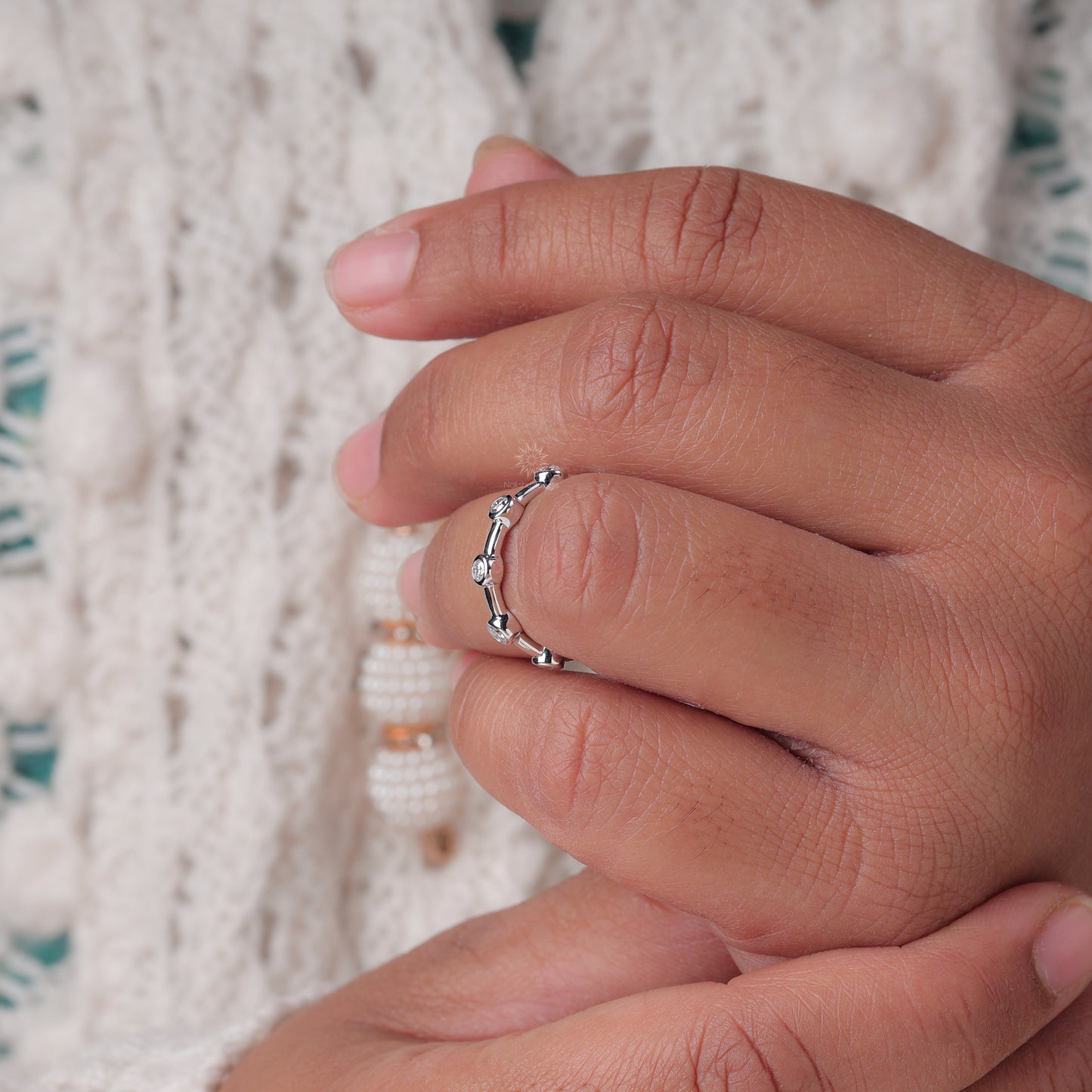 Bezel-Set Moissanite Station Ring with Bar Link Band