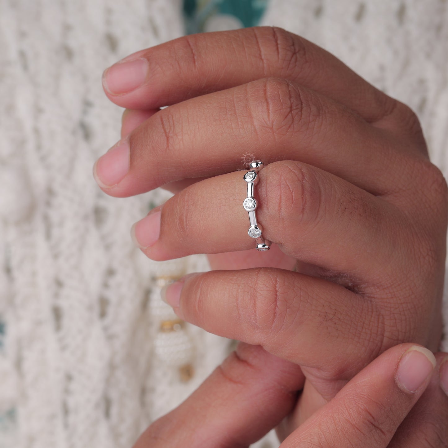 Bezel-Set Moissanite Station Ring with Bar Link Band