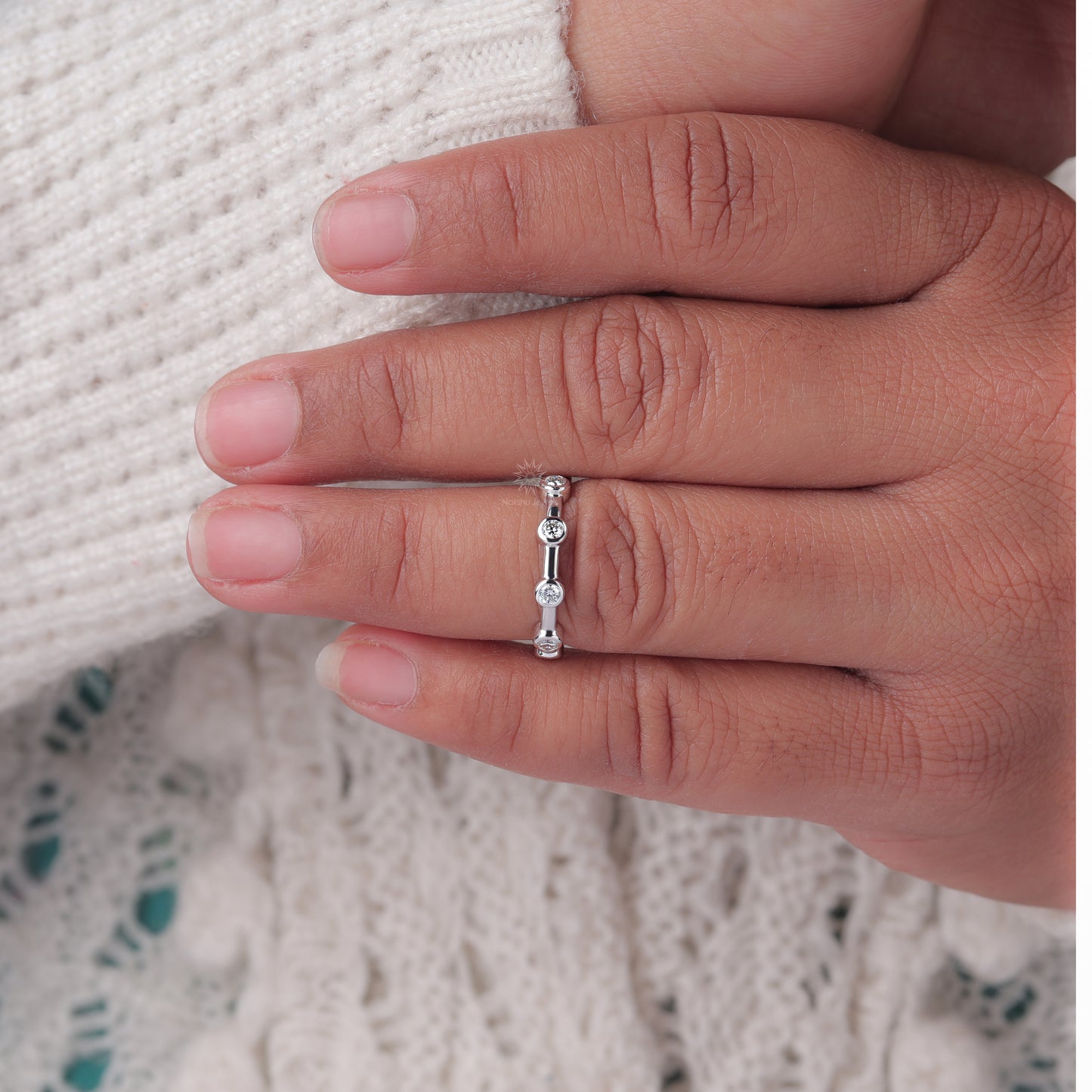Bezel-Set Moissanite Station Ring with Bar Link Band