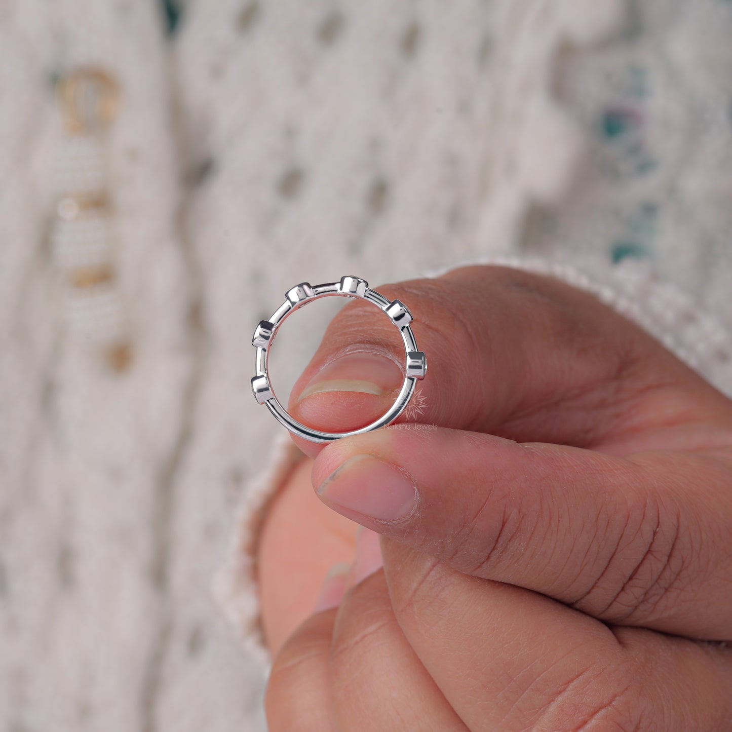 Bezel-Set Moissanite Station Ring with Bar Link Band