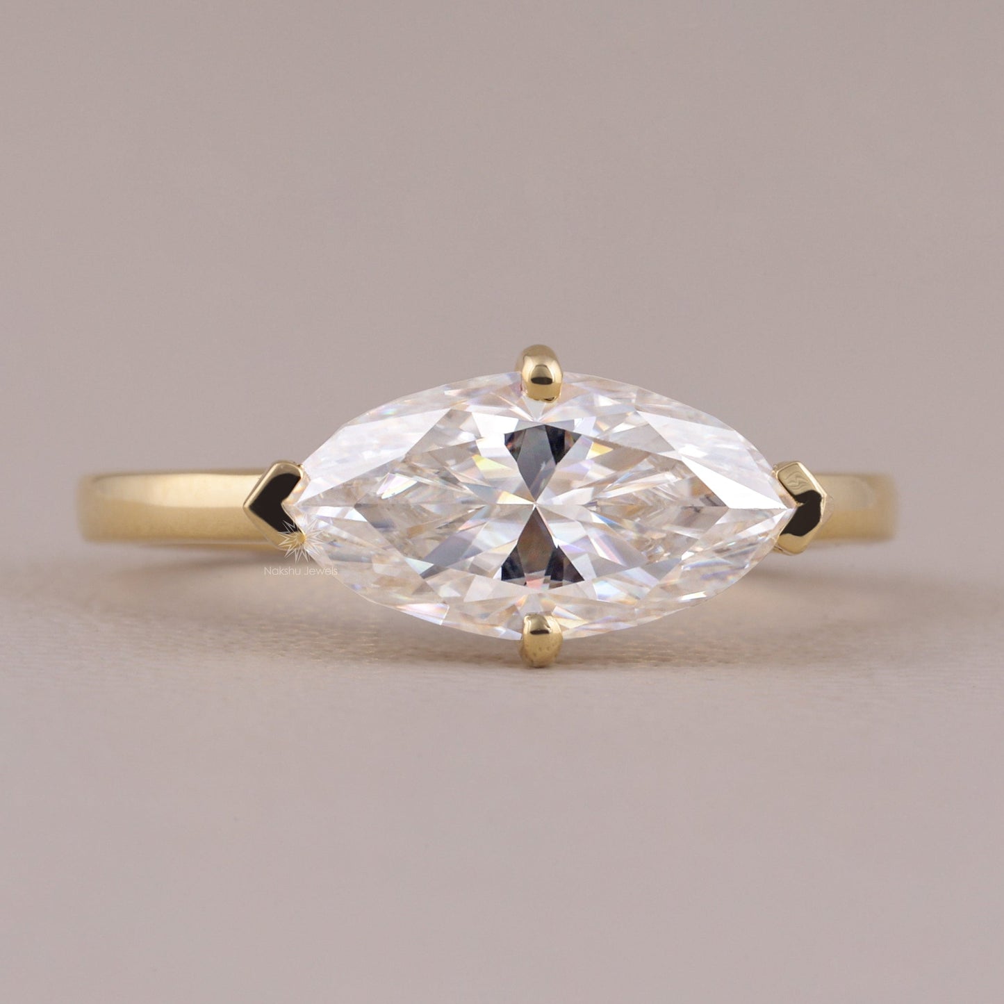 East-West Marquise Cut Moissanite Solitaire Ring