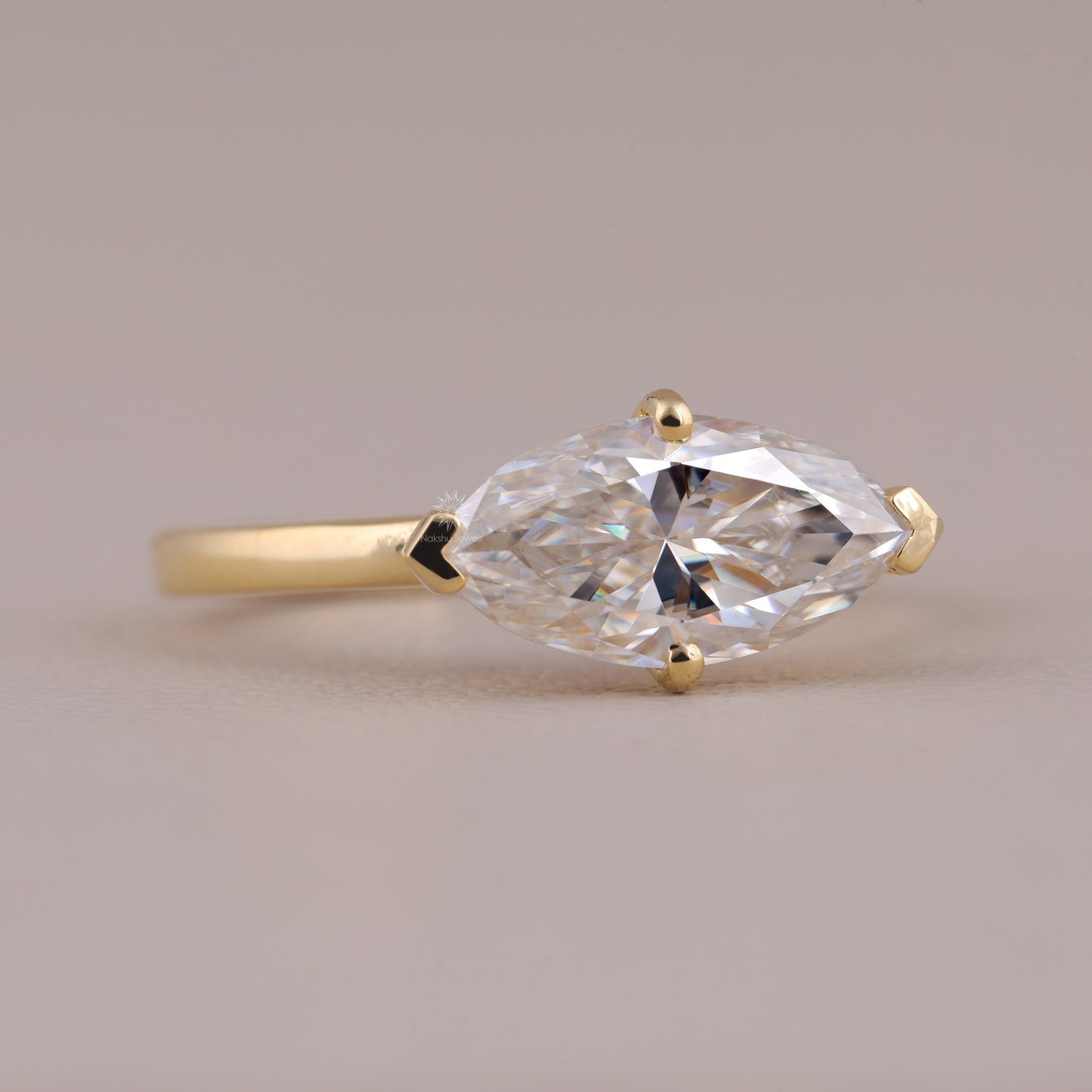 East-West Marquise Cut Moissanite Solitaire Ring