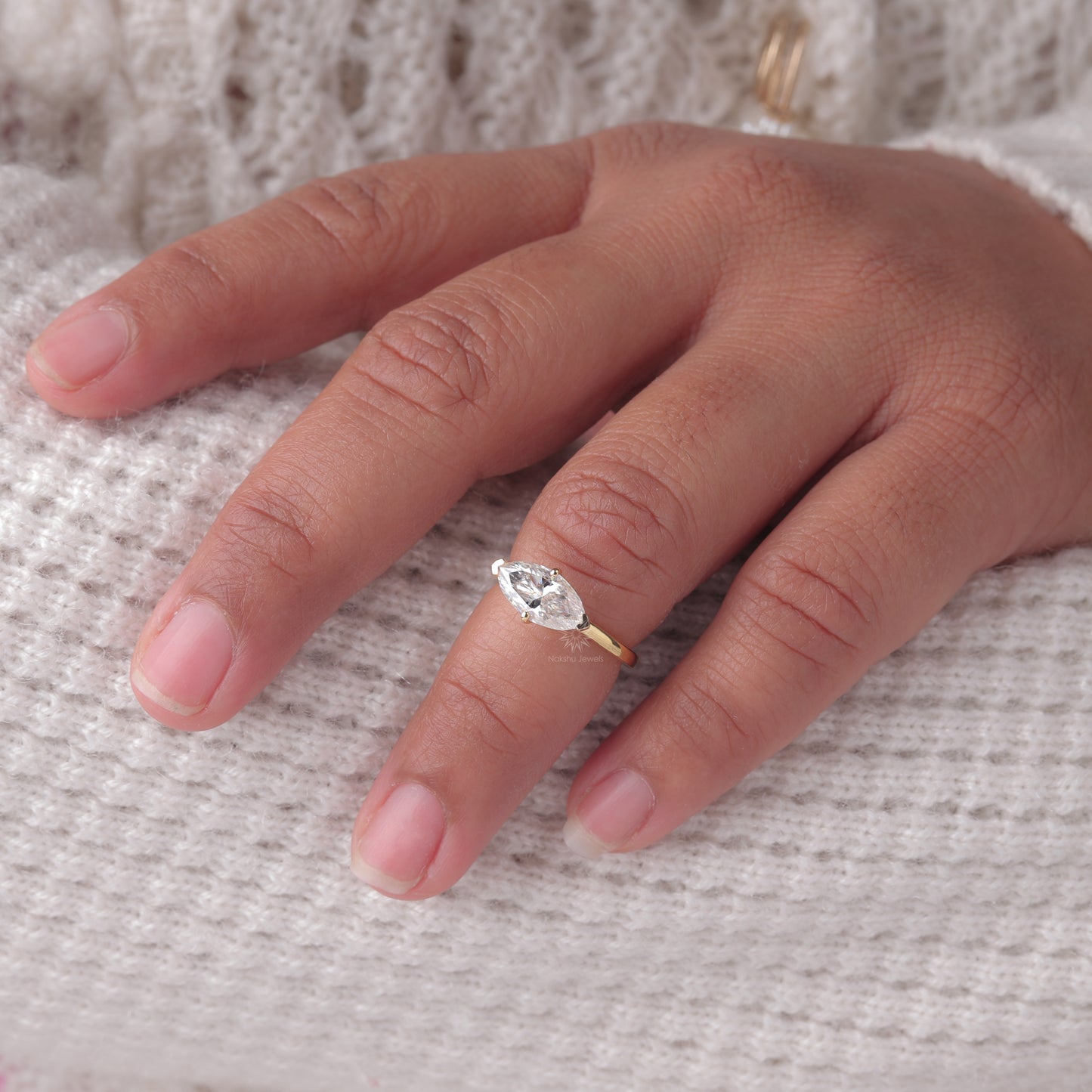 East-West Marquise Cut Moissanite Solitaire Ring