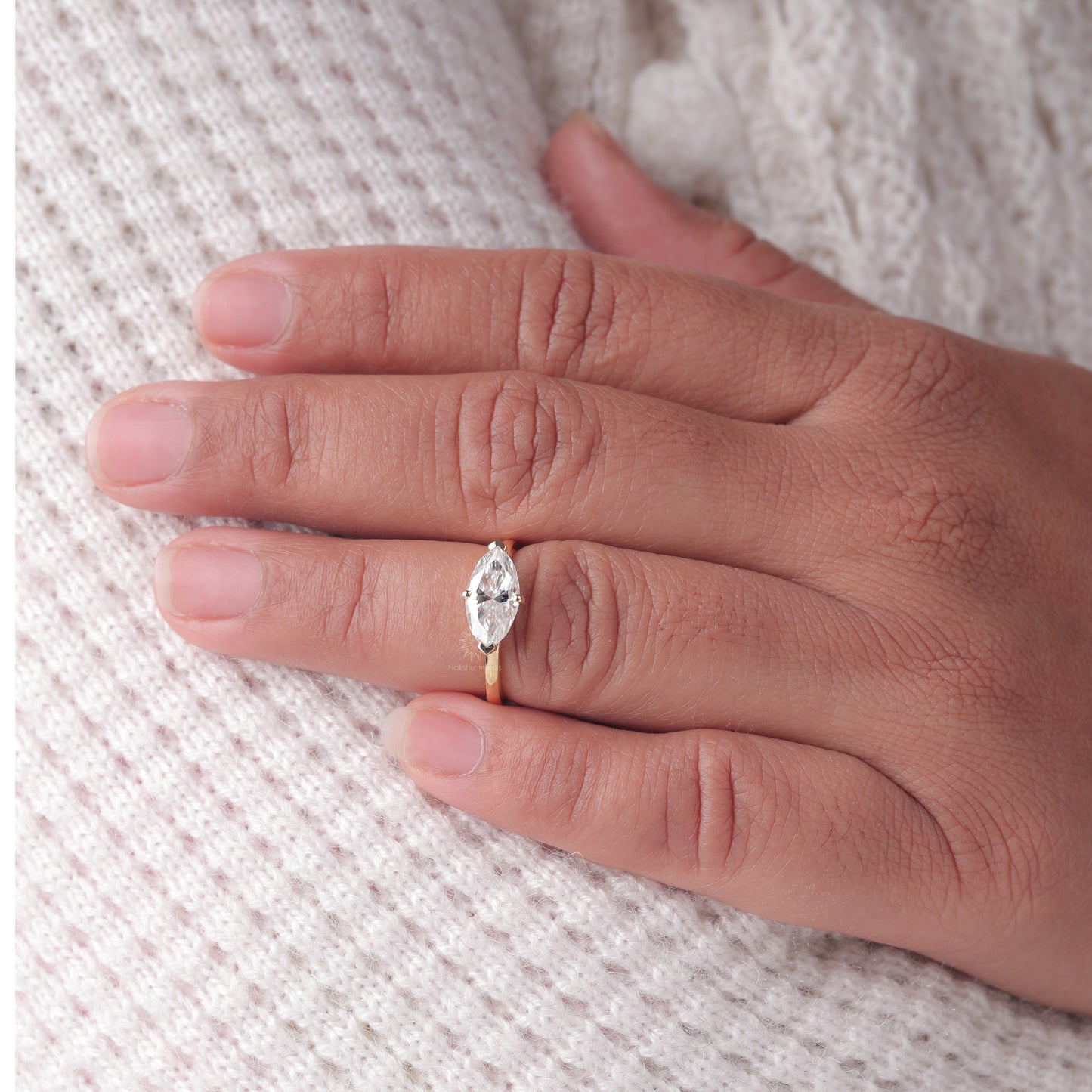East-West Marquise Cut Moissanite Solitaire Ring