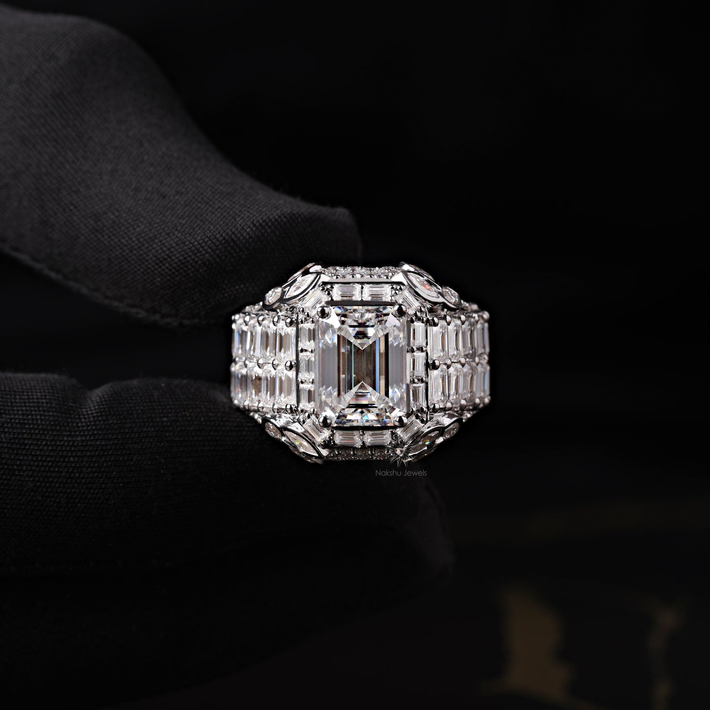Emerald Cut Moissanite Cathedral Ring with Baguette Halo, Mixed-Cut Shoulders, and Full Pavé Band
