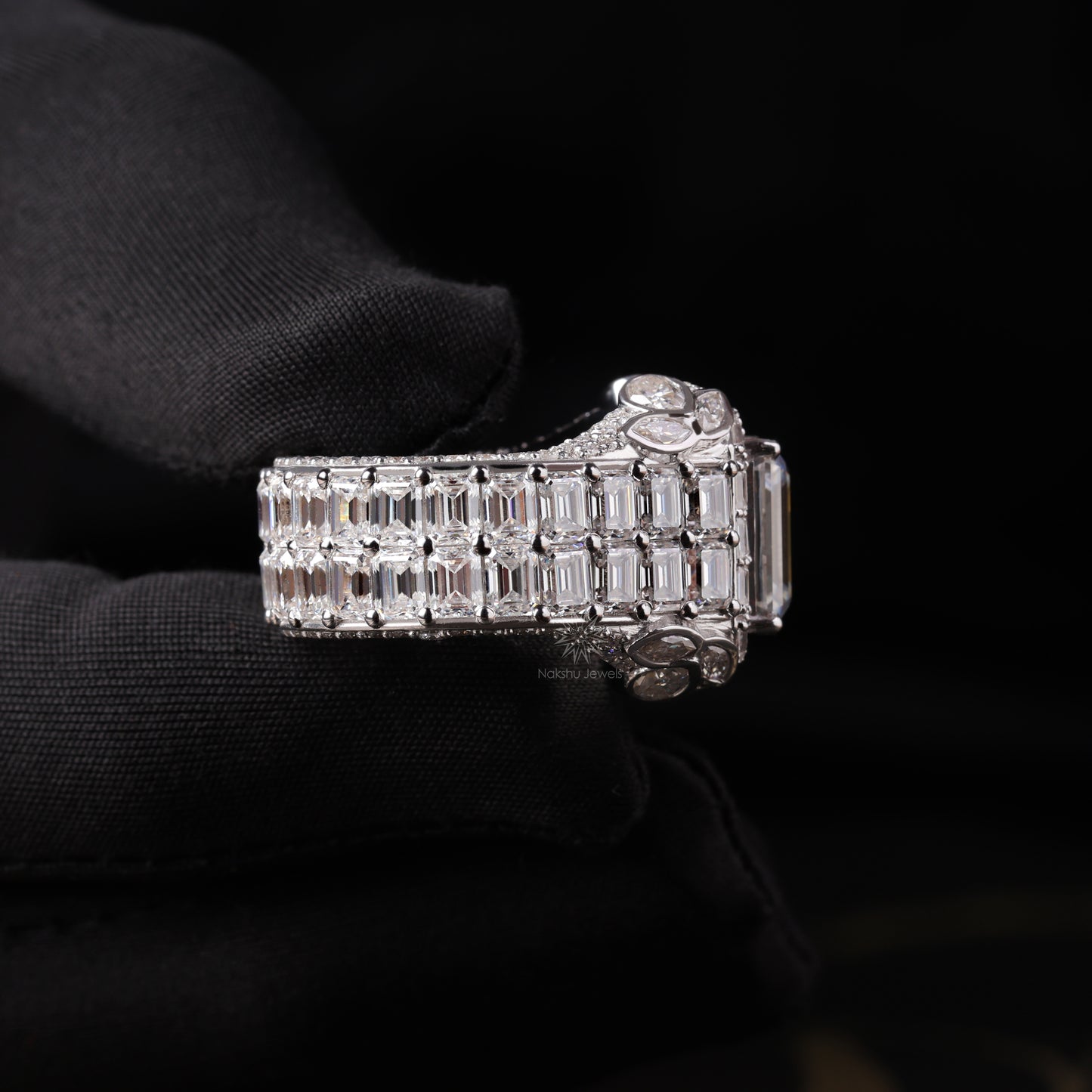 Emerald Cut Moissanite Cathedral Ring with Baguette Halo, Mixed-Cut Shoulders, and Full Pavé Band