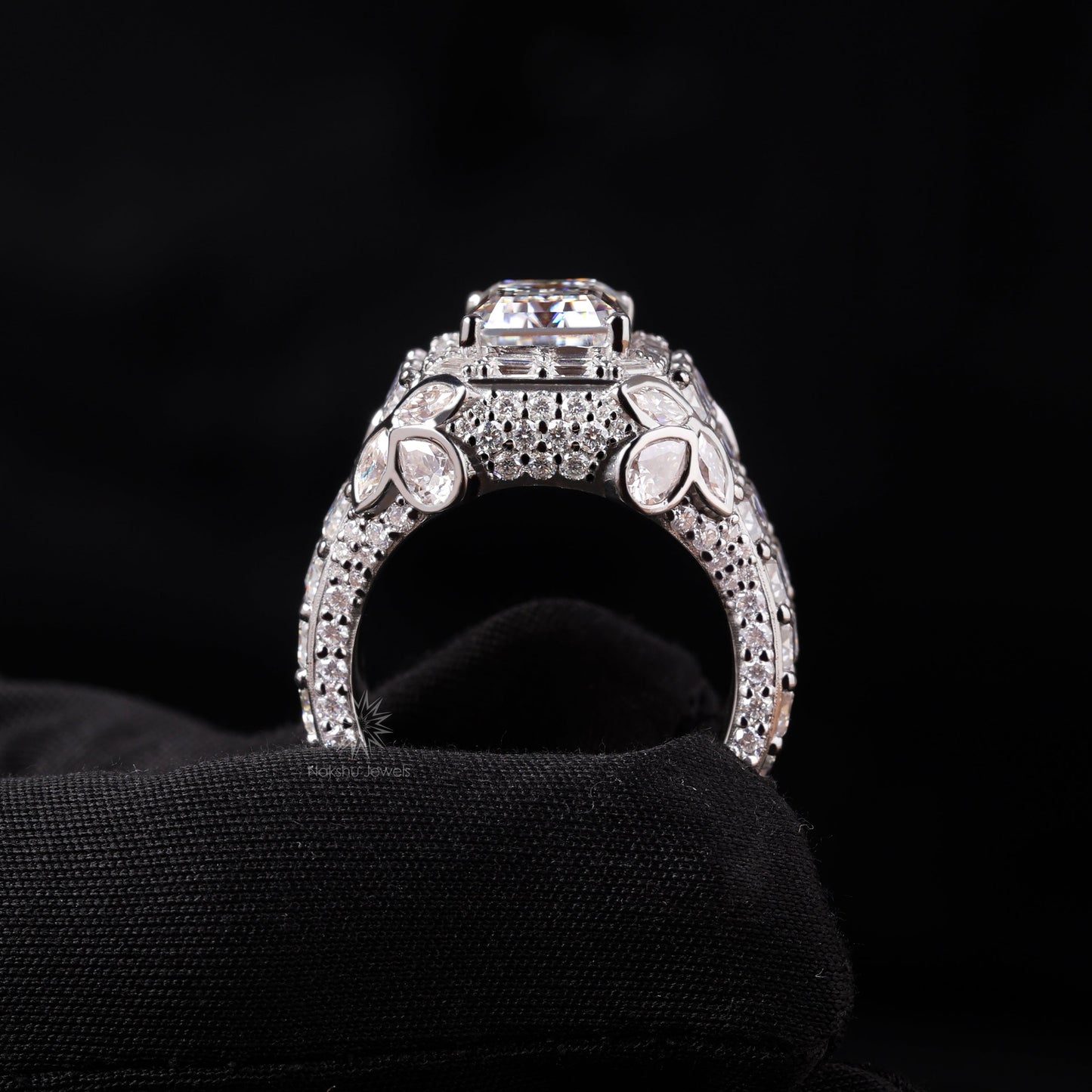 Emerald Cut Moissanite Cathedral Ring with Baguette Halo, Mixed-Cut Shoulders, and Full Pavé Band