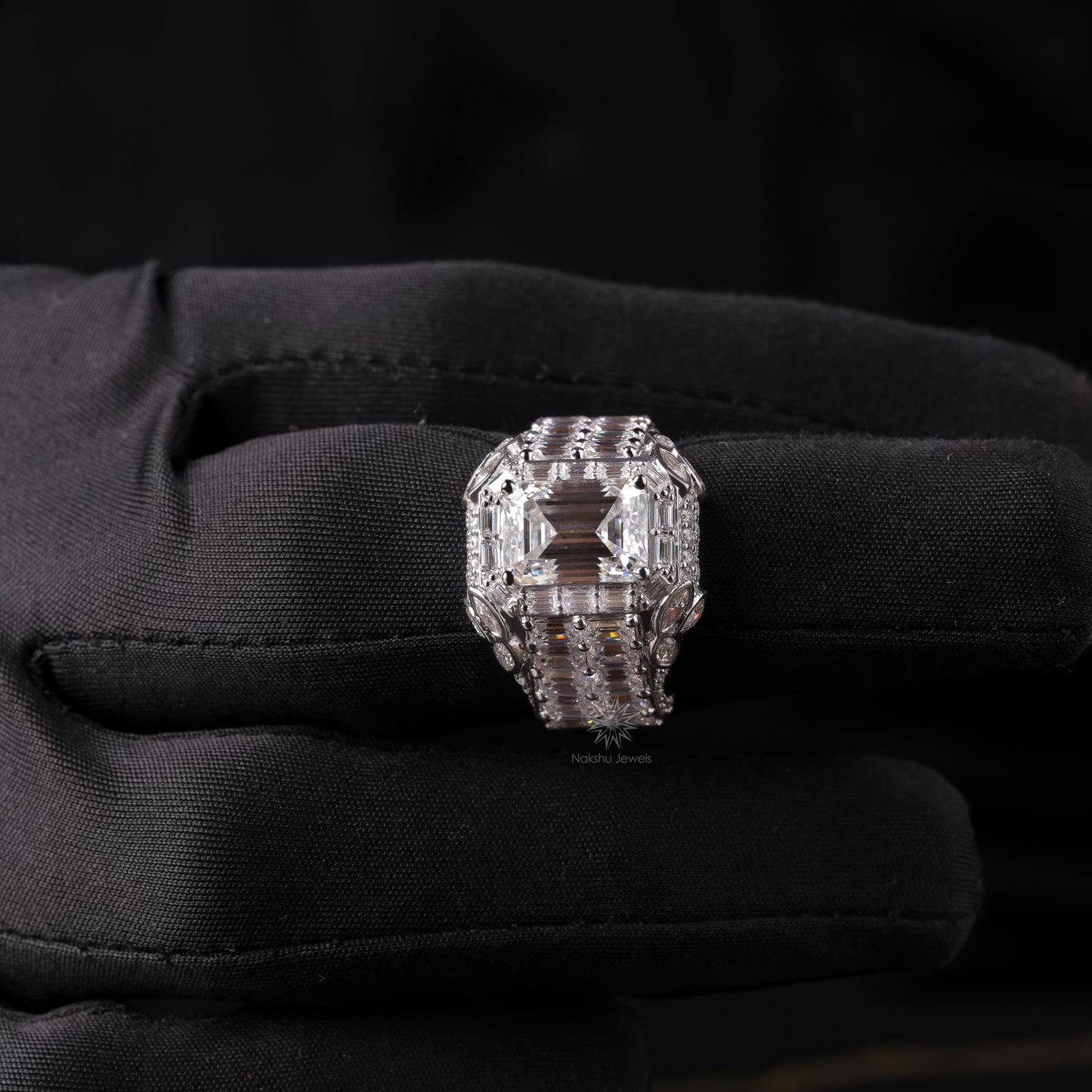 Emerald Cut Moissanite Cathedral Ring with Baguette Halo, Mixed-Cut Shoulders, and Full Pavé Band