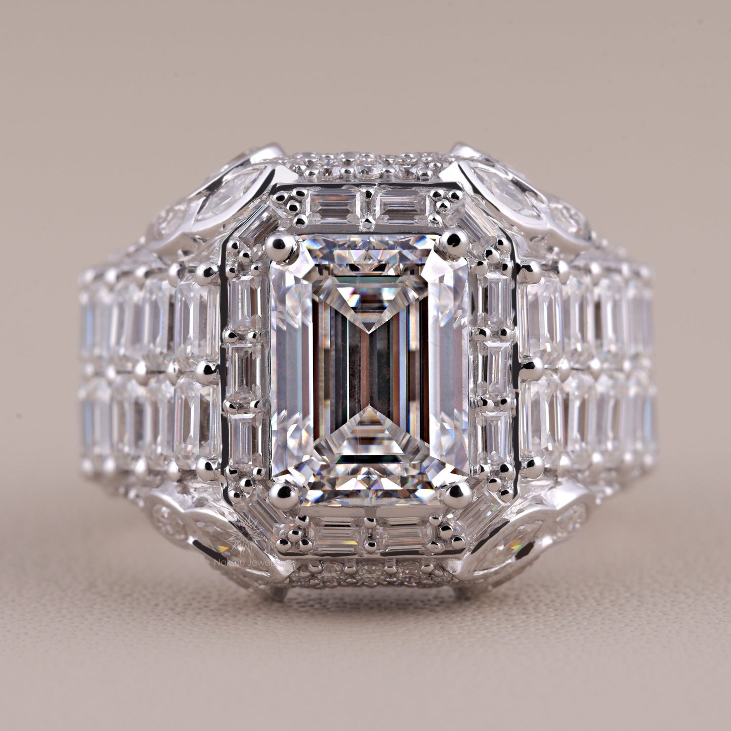 Emerald Cut Moissanite Cathedral Ring with Baguette Halo, Mixed-Cut Shoulders, and Full Pavé Band