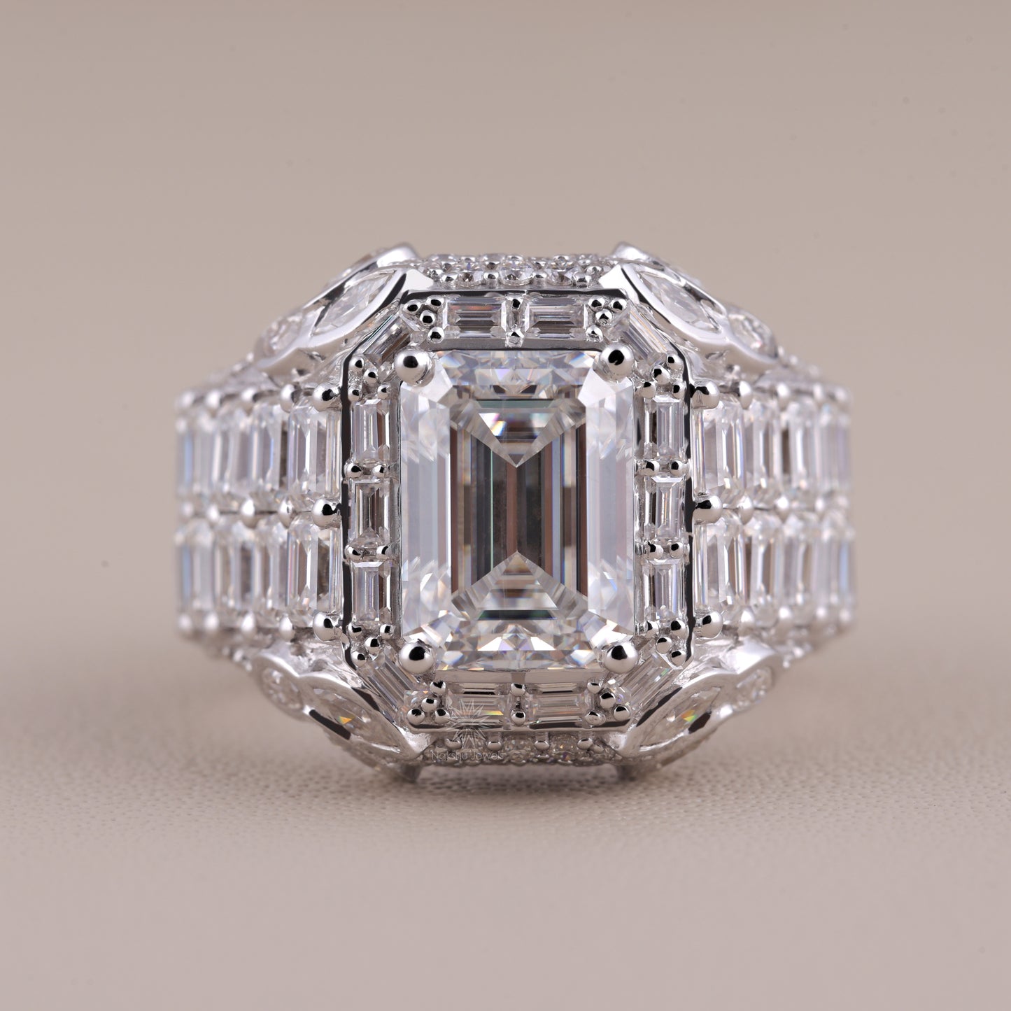 Emerald Cut Moissanite Cathedral Ring with Baguette Halo, Mixed-Cut Shoulders, and Full Pavé Band