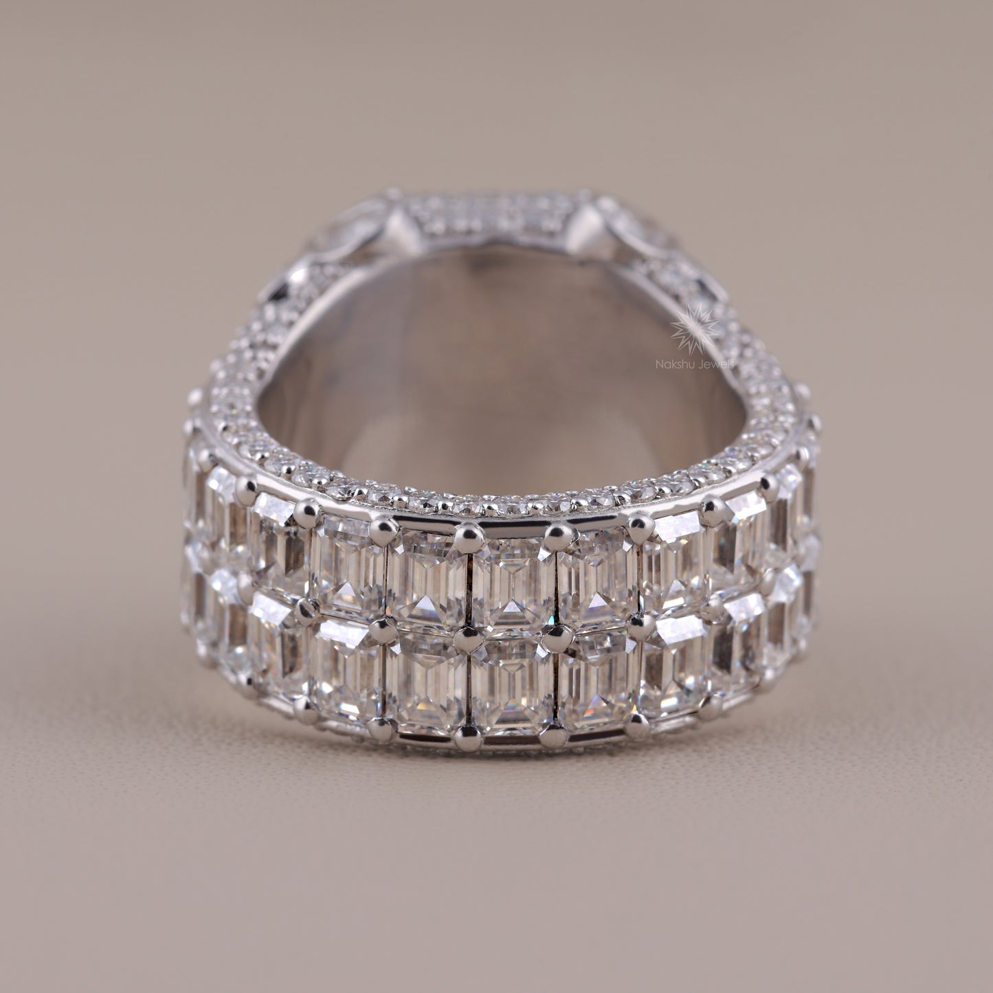 Emerald Cut Moissanite Cathedral Ring with Baguette Halo, Mixed-Cut Shoulders, and Full Pavé Band