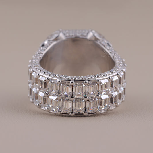 Emerald Cut Moissanite Cathedral Ring with Baguette Halo, Mixed-Cut Shoulders, and Full Pavé Band