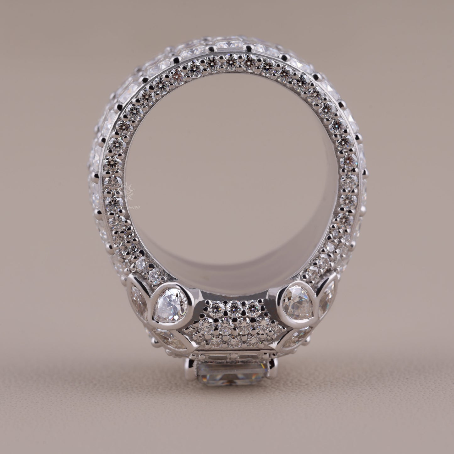 Emerald Cut Moissanite Cathedral Ring with Baguette Halo, Mixed-Cut Shoulders, and Full Pavé Band