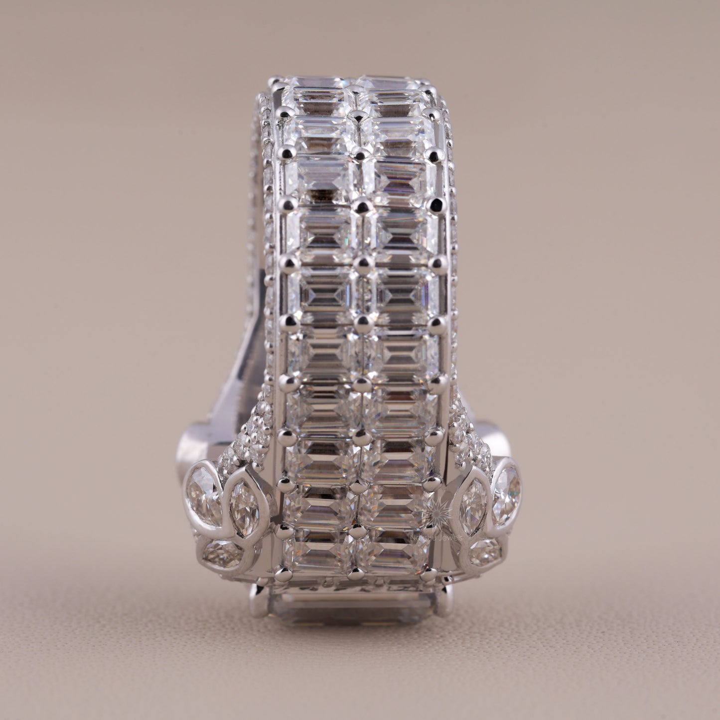 Emerald Cut Moissanite Cathedral Ring with Baguette Halo, Mixed-Cut Shoulders, and Full Pavé Band