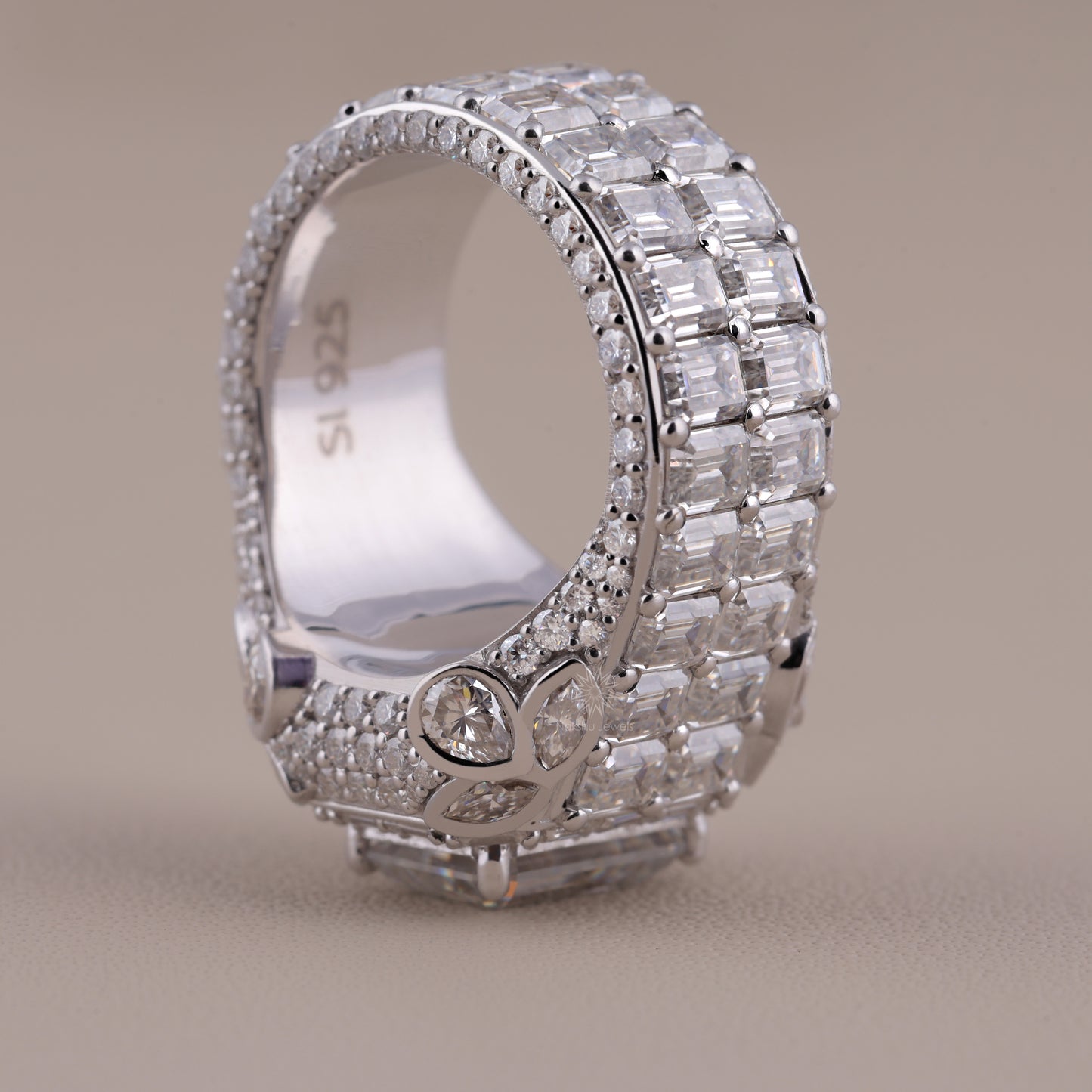 Emerald Cut Moissanite Cathedral Ring with Baguette Halo, Mixed-Cut Shoulders, and Full Pavé Band