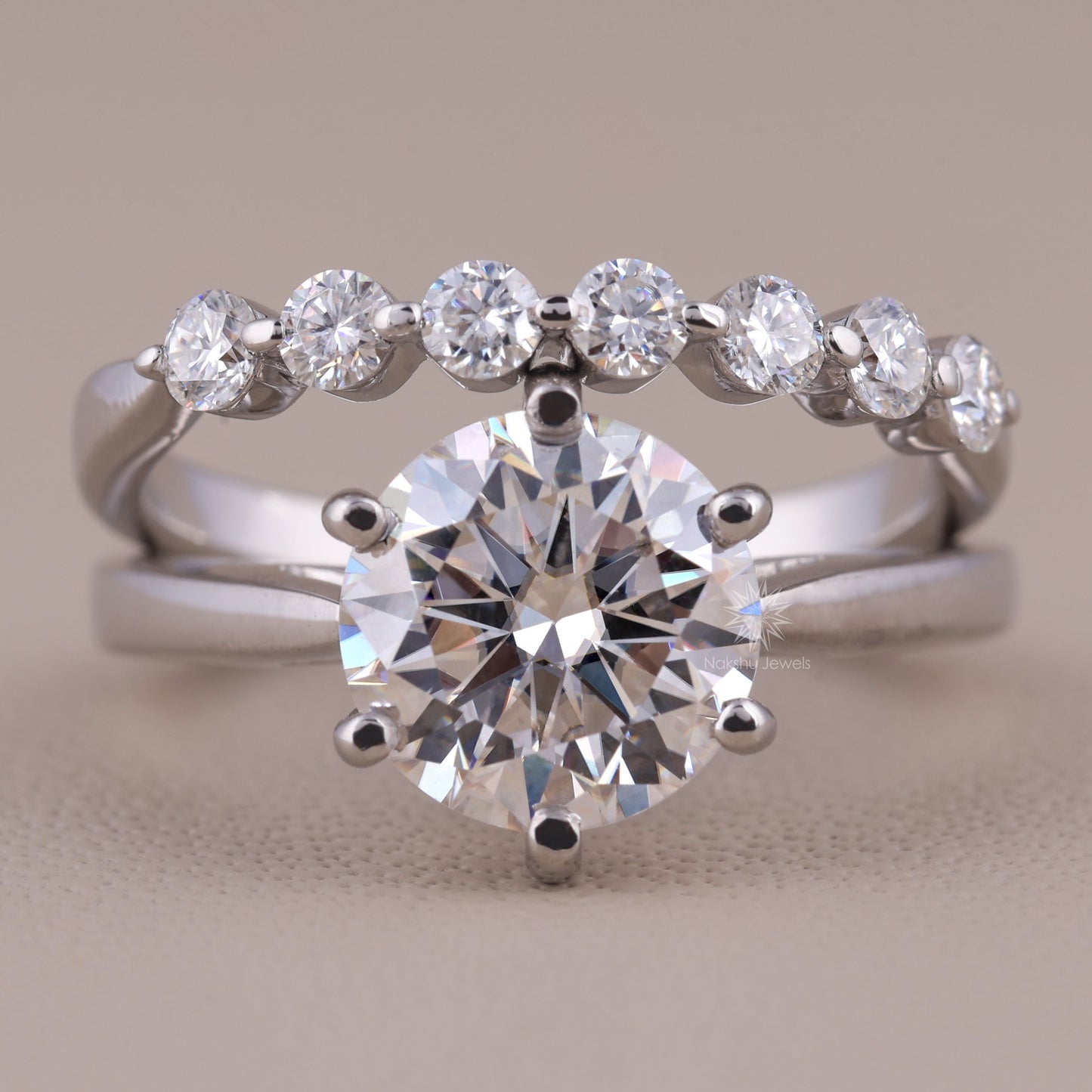 Round Brilliant Cut Solitaire Moissanite Wedding Set, with Floating Bubble Prong Half Eternity Matching Band Gift for Her