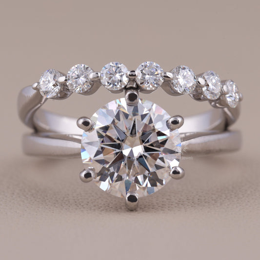 Round Brilliant Cut Solitaire Moissanite Wedding Set, with Floating Bubble Prong Half Eternity Matching Band Gift for Her