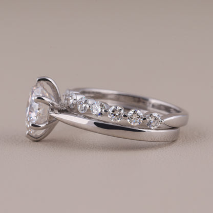 Round Brilliant Cut Solitaire Moissanite Wedding Set, with Floating Bubble Prong Half Eternity Matching Band Gift for Her