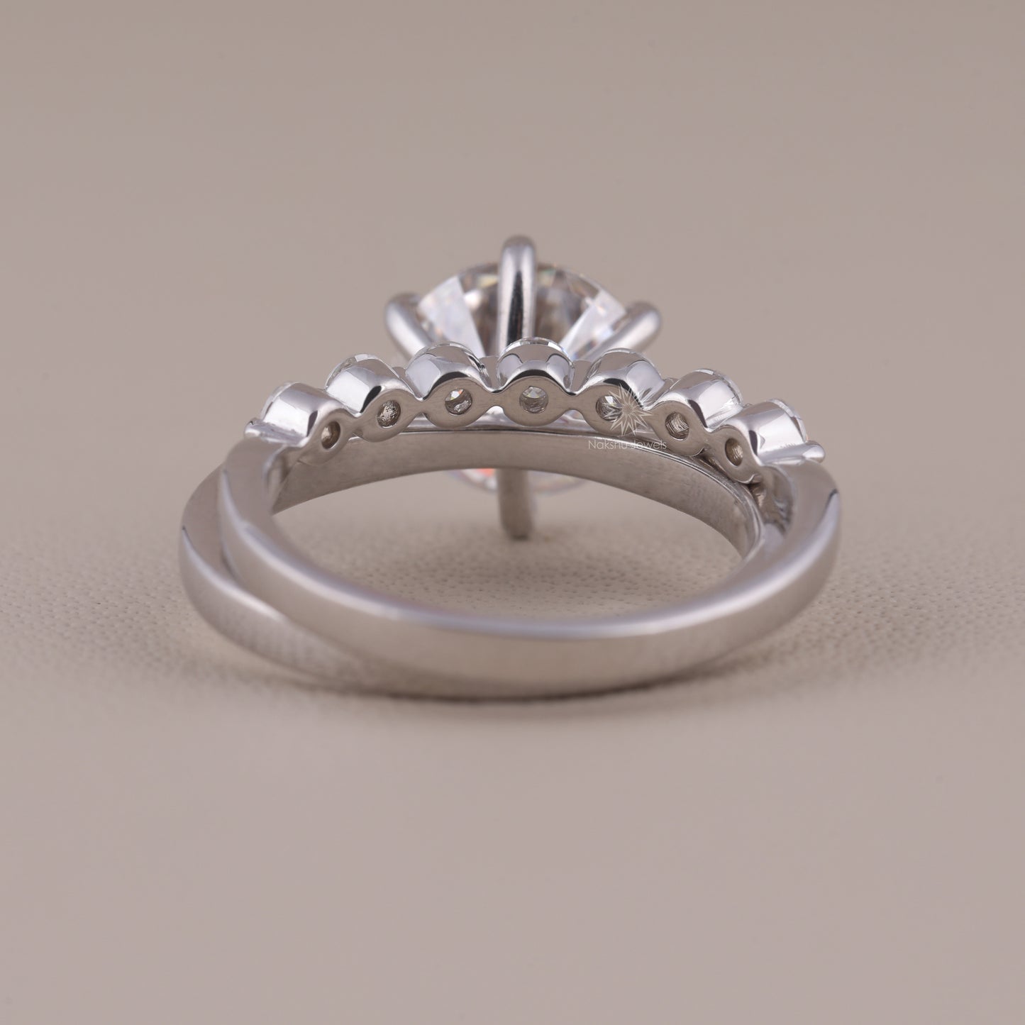 Round Brilliant Cut Solitaire Moissanite Wedding Set, with Floating Bubble Prong Half Eternity Matching Band Gift for Her