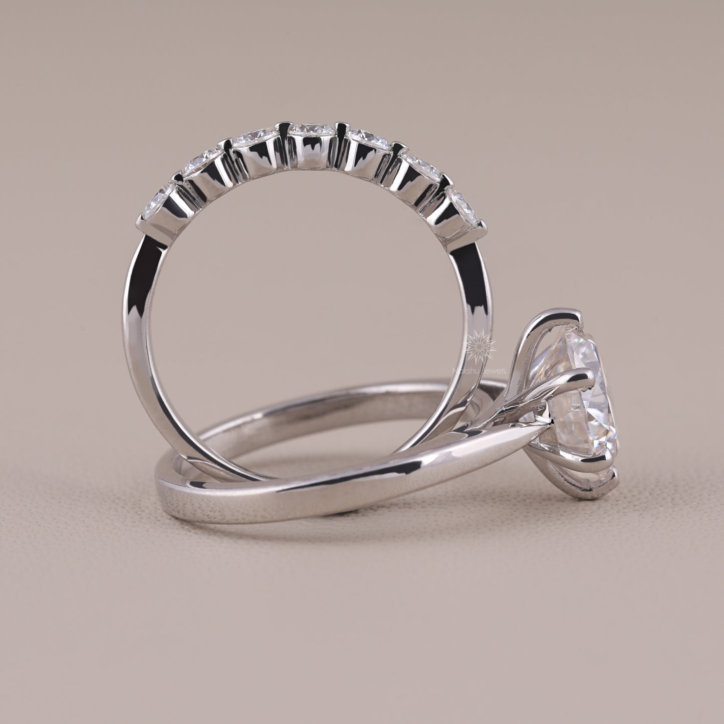 Round Brilliant Cut Solitaire Moissanite Wedding Set, with Floating Bubble Prong Half Eternity Matching Band Gift for Her