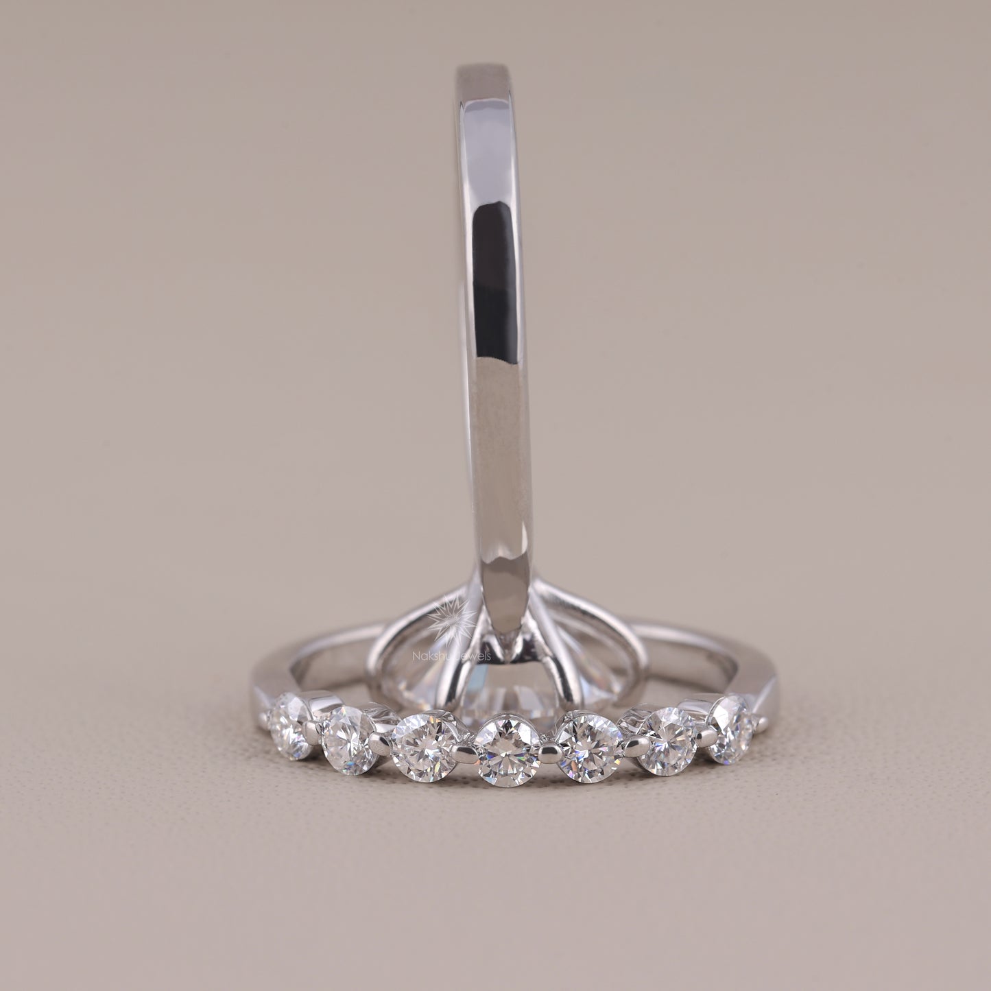 Round Brilliant Cut Solitaire Moissanite Wedding Set, with Floating Bubble Prong Half Eternity Matching Band Gift for Her