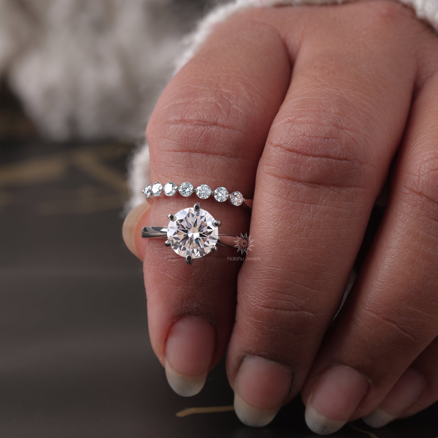 Round Brilliant Cut Solitaire Moissanite Wedding Set, with Floating Bubble Prong Half Eternity Matching Band Gift for Her