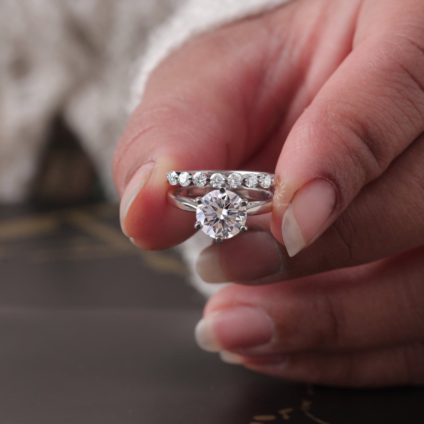 Round Brilliant Cut Solitaire Moissanite Wedding Set, with Floating Bubble Prong Half Eternity Matching Band Gift for Her