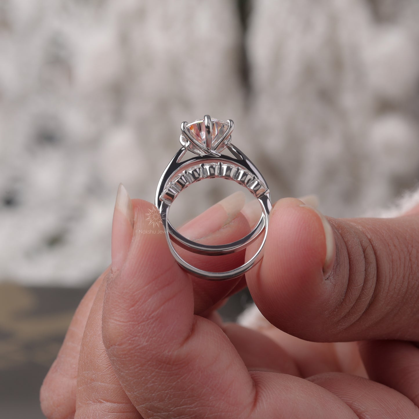 Round Brilliant Cut Solitaire Moissanite Wedding Set, with Floating Bubble Prong Half Eternity Matching Band Gift for Her