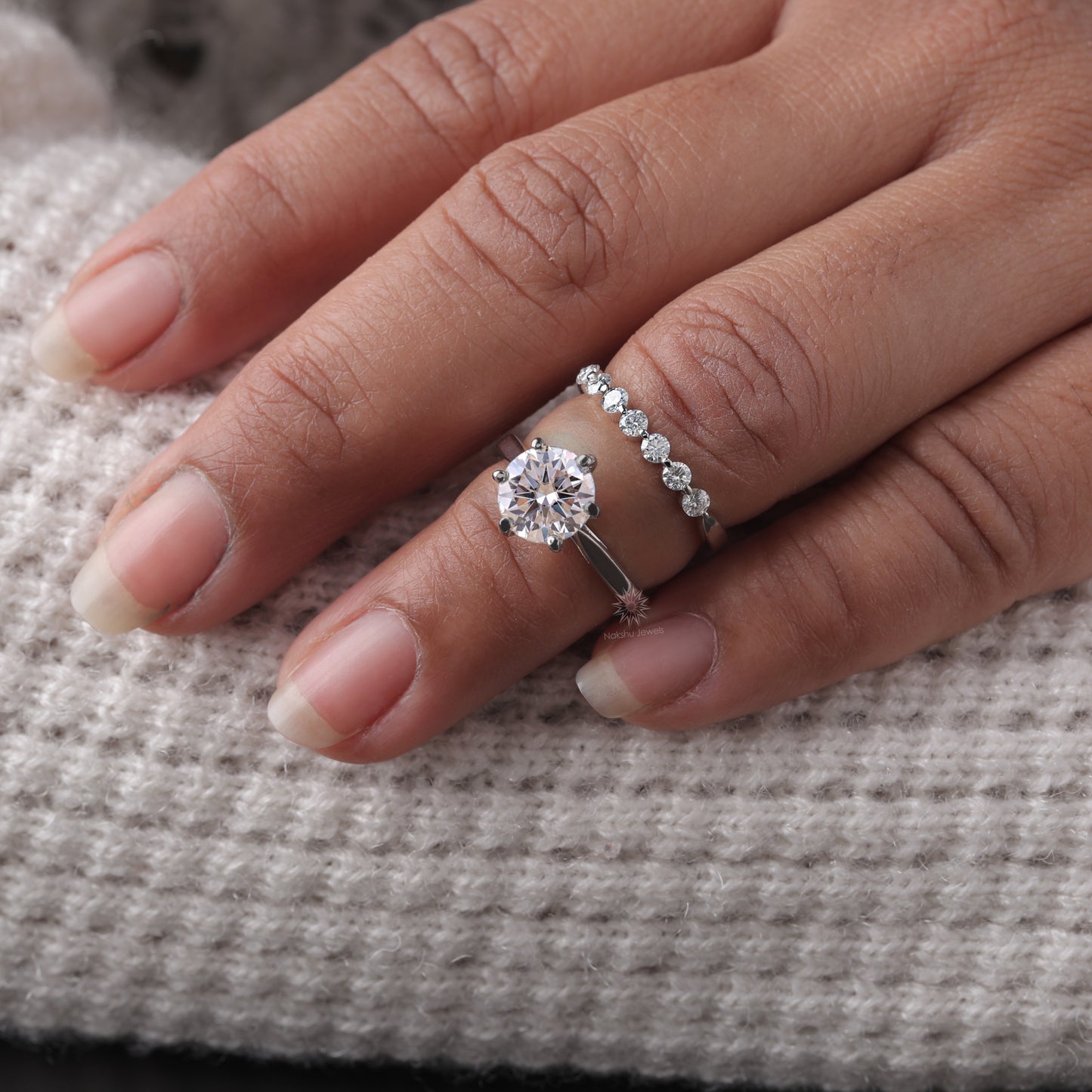 Round Brilliant Cut Solitaire Moissanite Wedding Set, with Floating Bubble Prong Half Eternity Matching Band Gift for Her