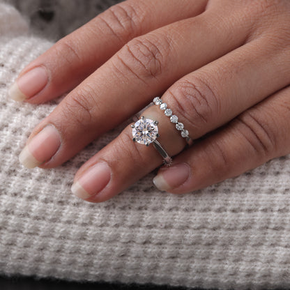 Round Brilliant Cut Solitaire Moissanite Wedding Set, with Floating Bubble Prong Half Eternity Matching Band Gift for Her