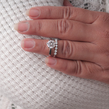 Round Brilliant Cut Solitaire Moissanite Wedding Set, with Floating Bubble Prong Half Eternity Matching Band Gift for Her