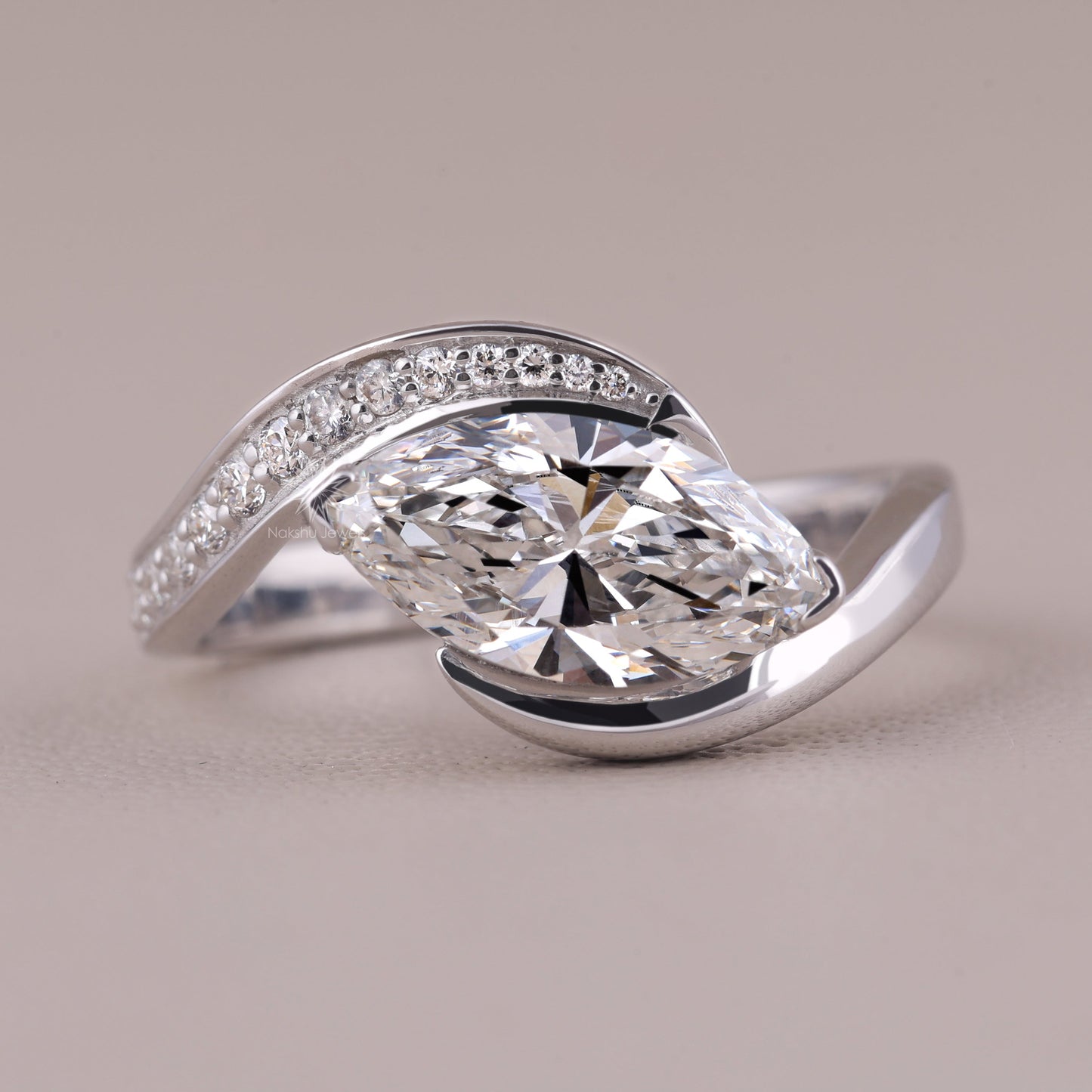 Marquise Diamond Ring - Lab Grown Diamond Bypass Engagement Ring - 14K/18K Solid Gold Diamond Wedding Ring