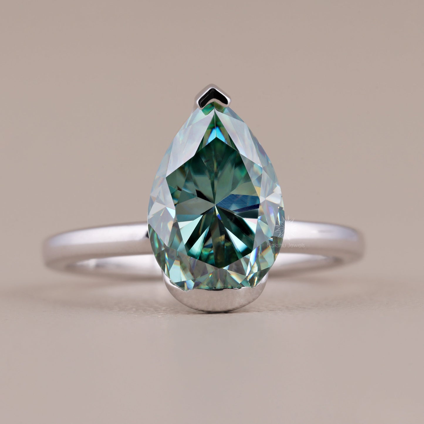 Cyan Blue Pear Cut Moissanite Solitaire Ring with Semi-Bezel Setting