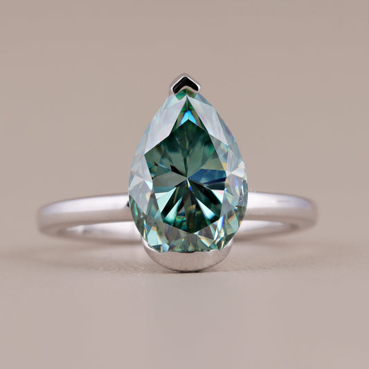 Cyan Blue Pear Cut Moissanite Solitaire Engagement Ring, Tear Drop Anniversary Promise Rings For Women