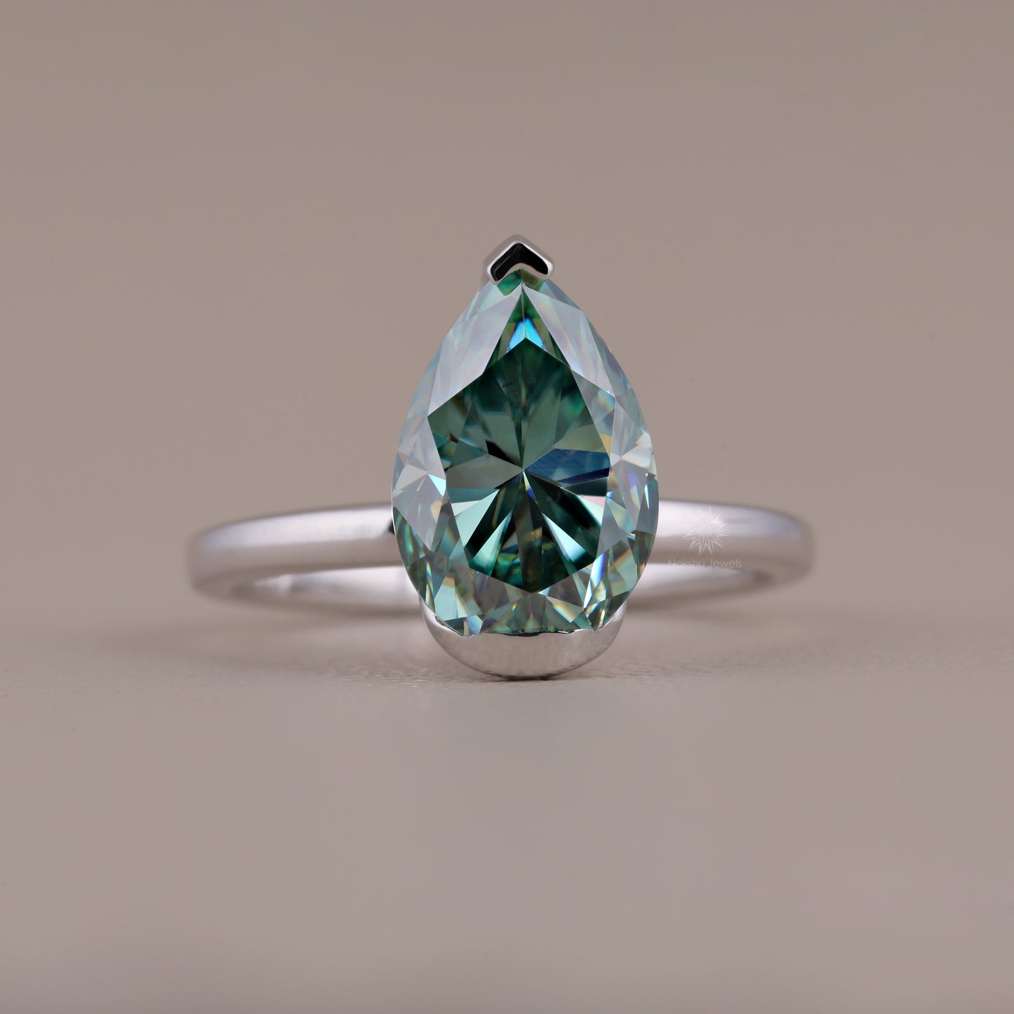 Cyan Blue Pear Cut Moissanite Solitaire Ring with Semi-Bezel Setting