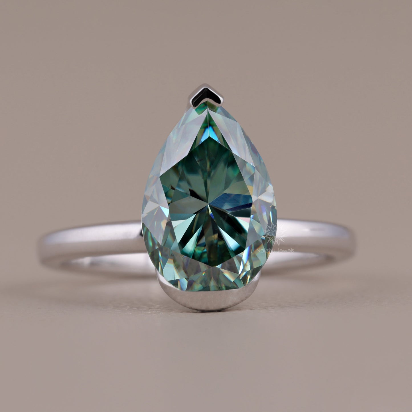 Cyan Blue Pear Cut Moissanite Solitaire Ring with Semi-Bezel Setting