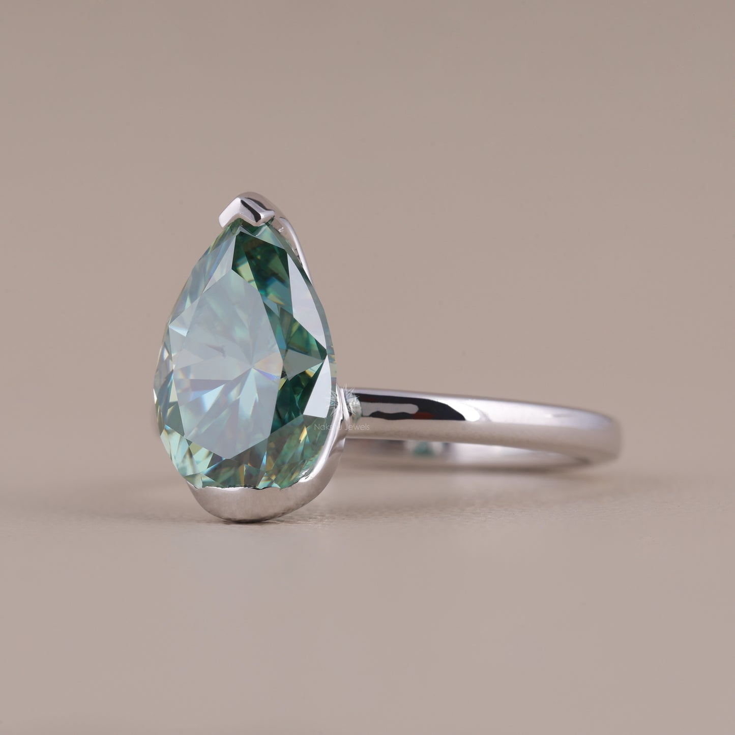 Cyan Blue Pear Cut Moissanite Solitaire Ring with Semi-Bezel Setting