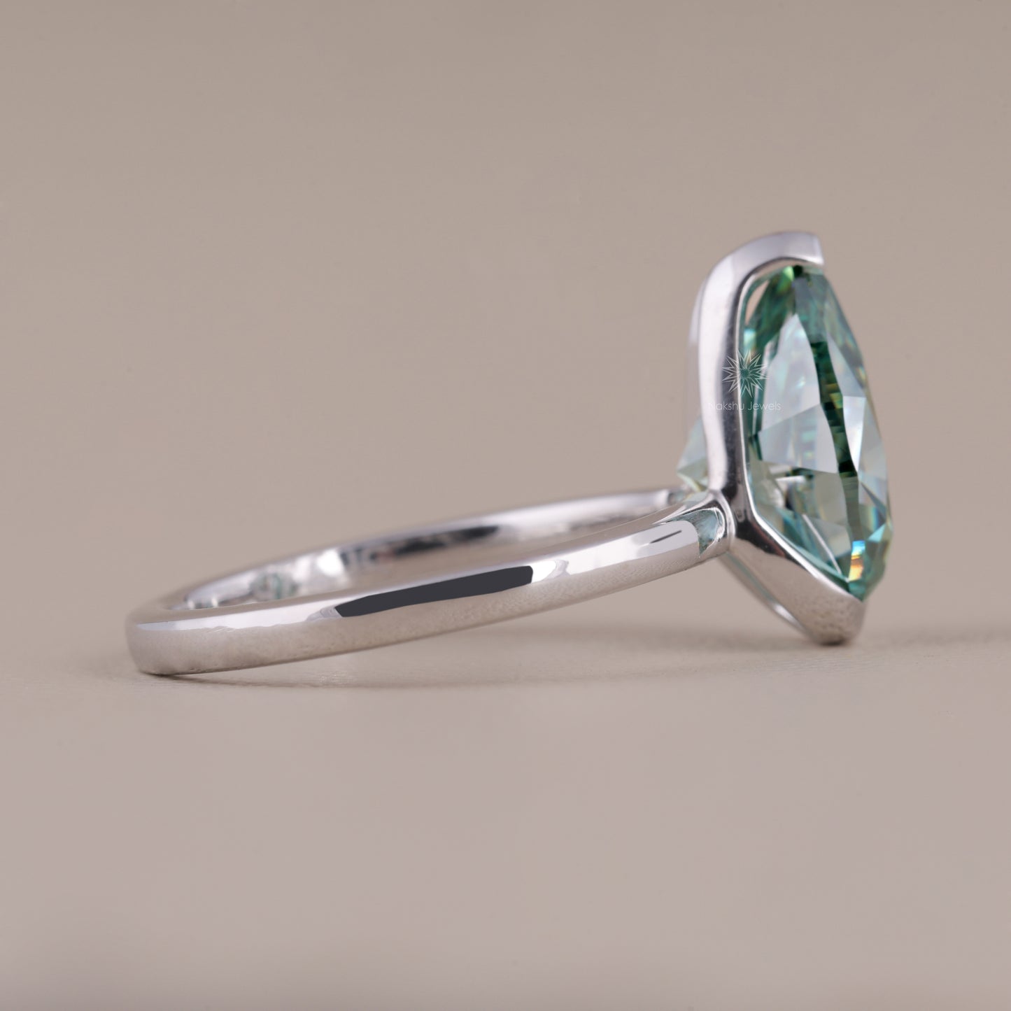 Cyan Blue Pear Cut Moissanite Solitaire Ring with Semi-Bezel Setting